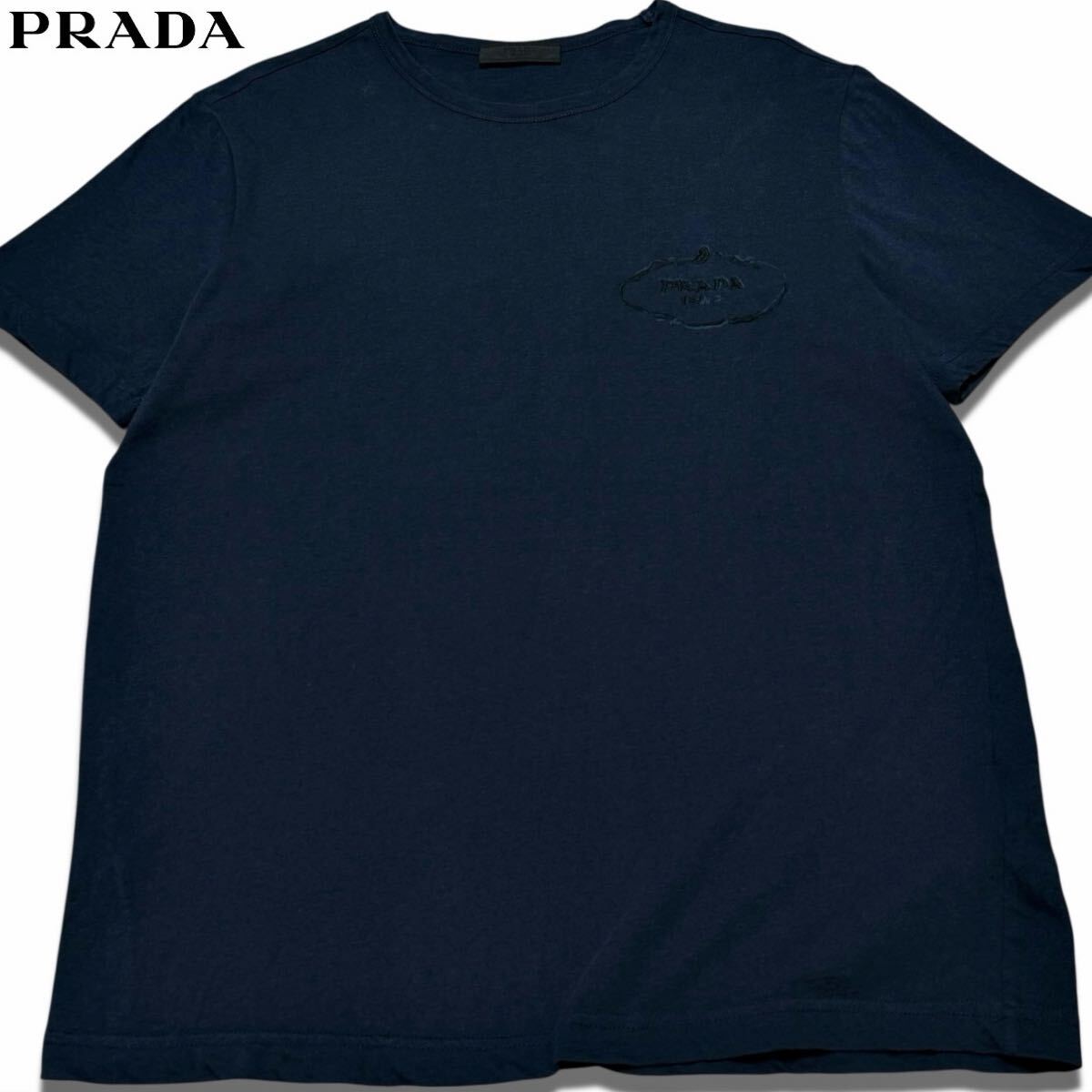 美品/Lサイズ●PRADA プラダ ロゴ刺繍 半袖 クルーネック Tシャツ カットソー トップス コットン 爽快 ネイビー 紺 メンズ 春夏 国内正規品
