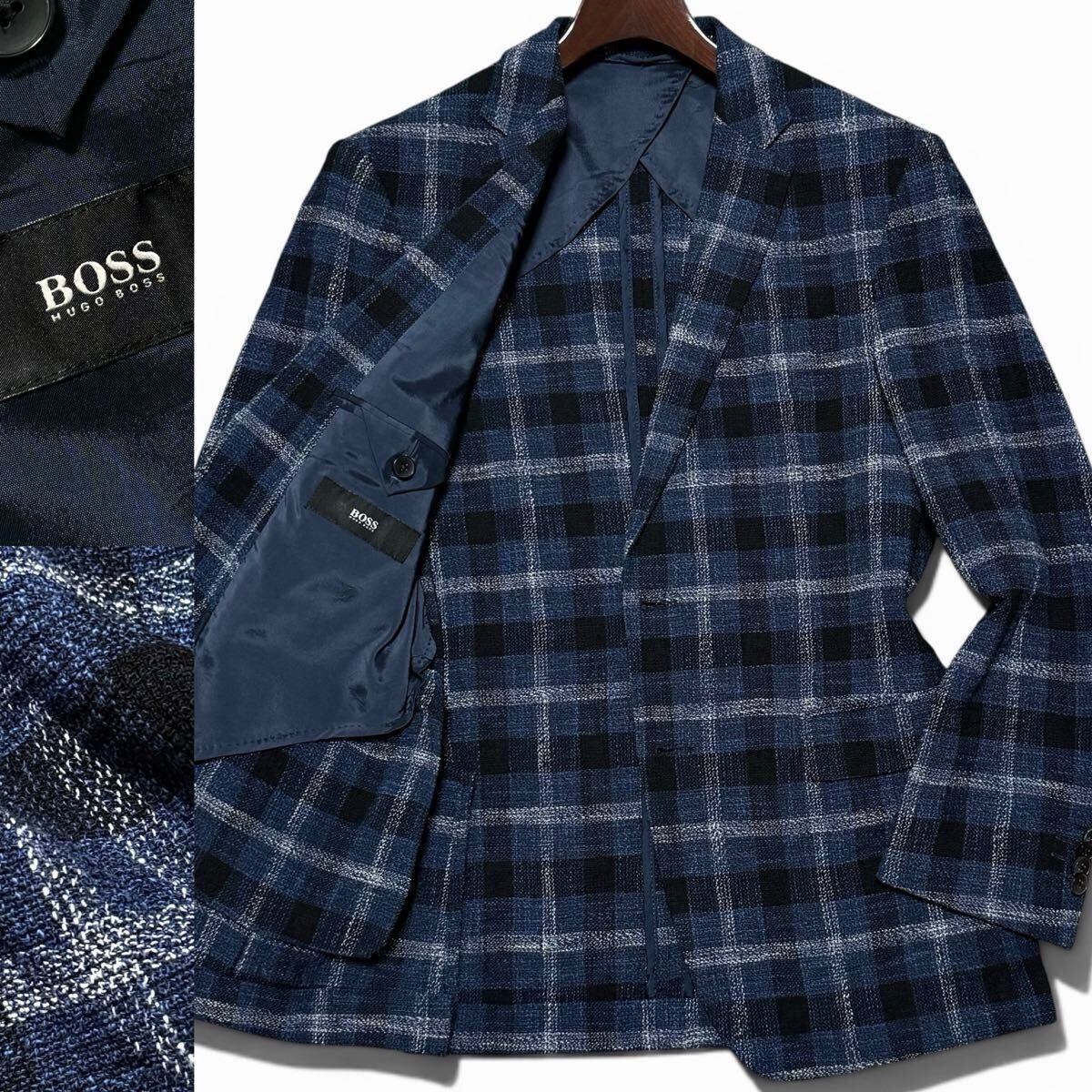 極美品●HUGO BOSS ヒューゴボス サマーツイード 爽快 テーラードジャケット ストレッチ メランジチェック 伸縮 ブルー系 コットン 46 春夏
