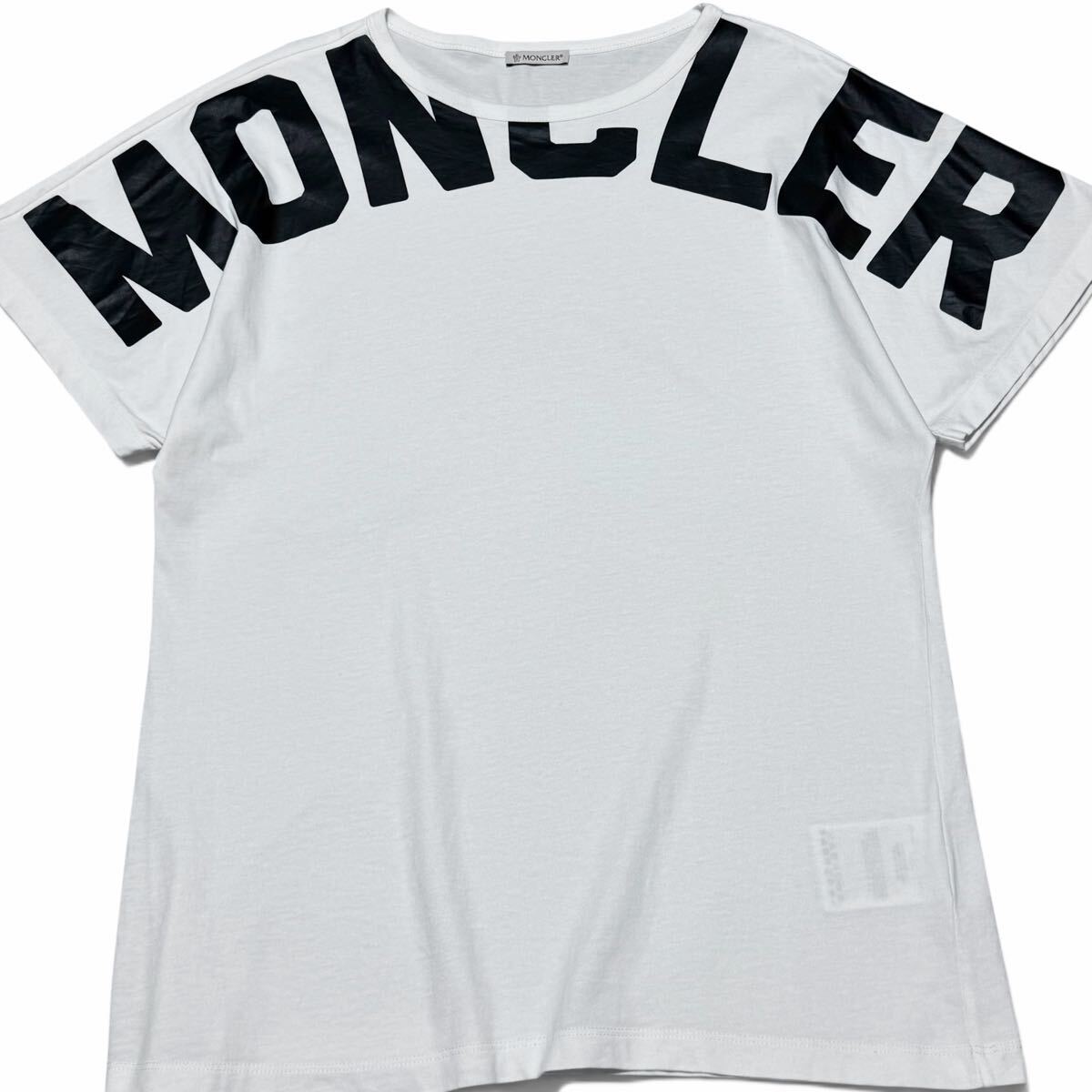 美品/L相当●MONCLER モンクレール BIGロゴプリント 半袖 クルーネック Tシャツ カットソー 爽快 ホワイト 白 黒 メンズ 春夏 国内正規品