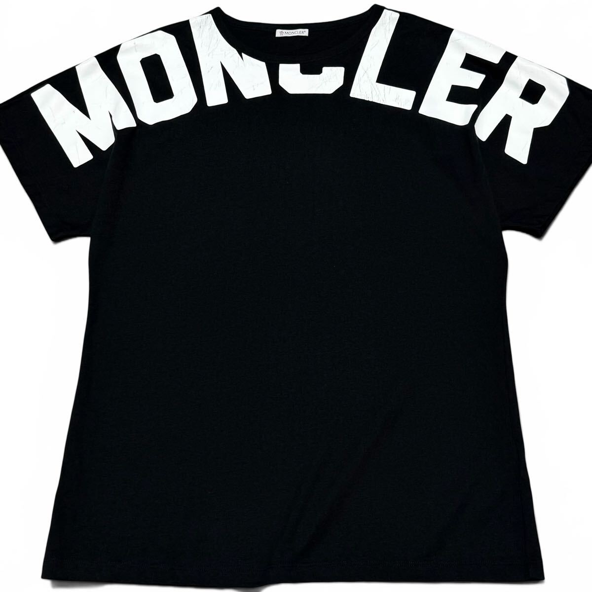 美品/Lサイズ●MONCLER モンクレール BIGロゴプリント 半袖 クルーネック Tシャツ カットソー 爽快 ブラック 黒 白 メンズ 春夏 国内正規品