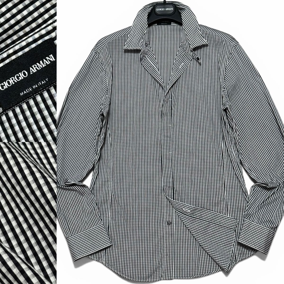 定価18万!!最高峰ストレッチコットン!!黒タグ GIORGIO ARMANI ジョルジオアルマーニ ギンガムチェック 長袖シャツ 伸縮 比翼仕立て 39 黒白