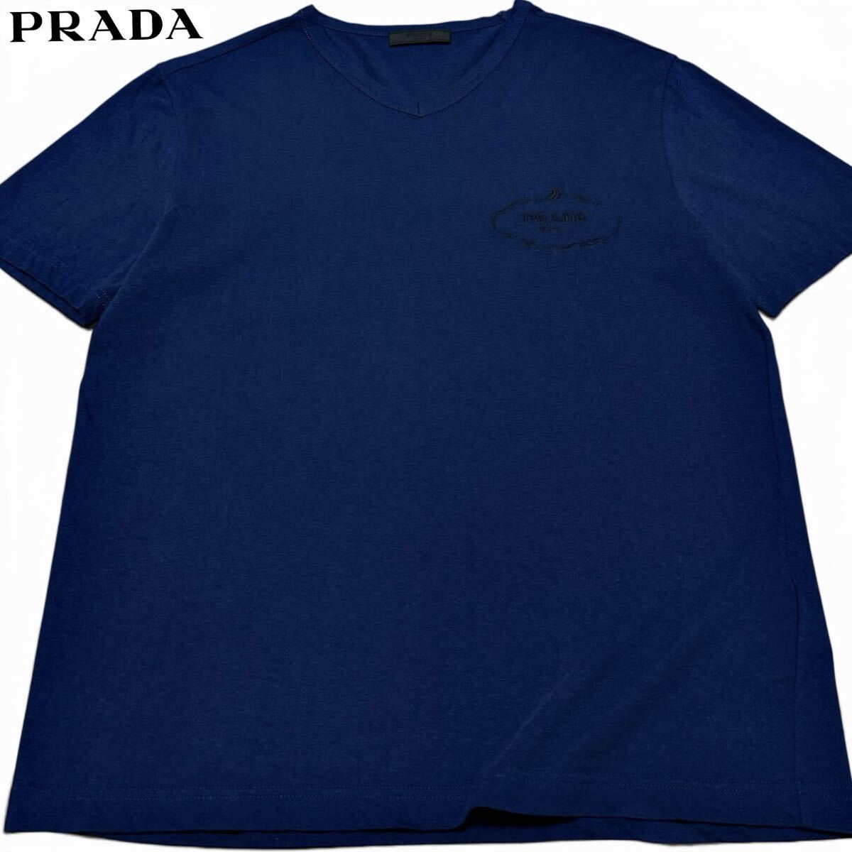 美品/Lサイズ●PRADA プラダ ロゴ刺繍 半袖 Vネック Tシャツ カットソー トップス コットン 爽快 ブルー系 青 メンズ 春夏 国内正規品