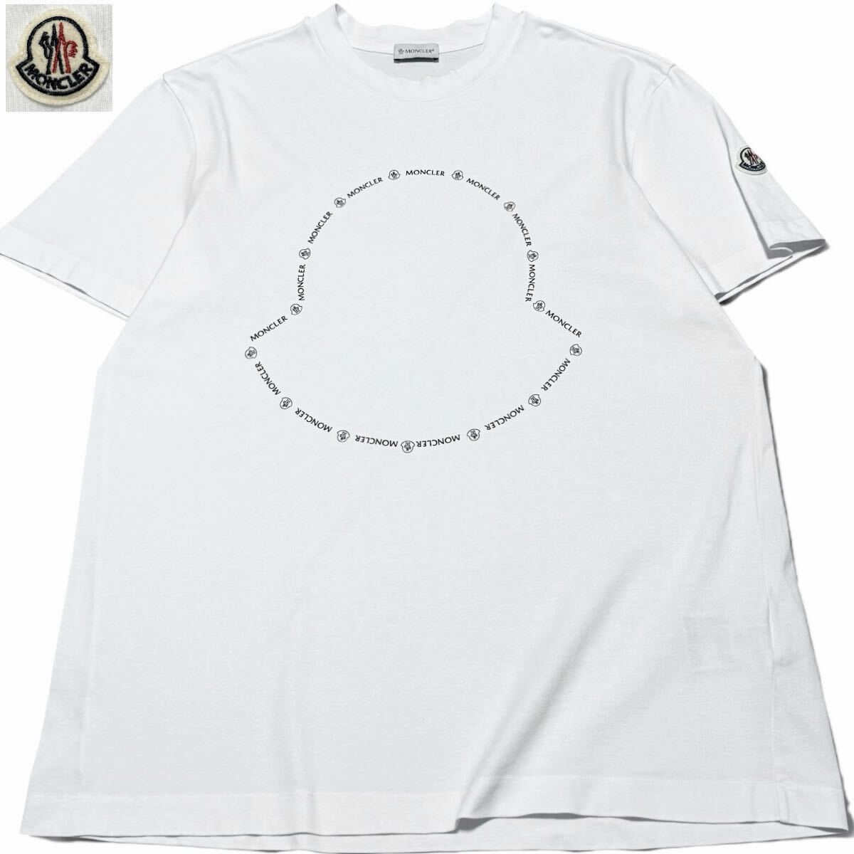 極美品/XLサイズ●MONCLER モンクレール 近年モデル ビッグロゴプリント ロゴワッペン 半袖 クルーネック Tシャツ ホワイト 白 国内正規品