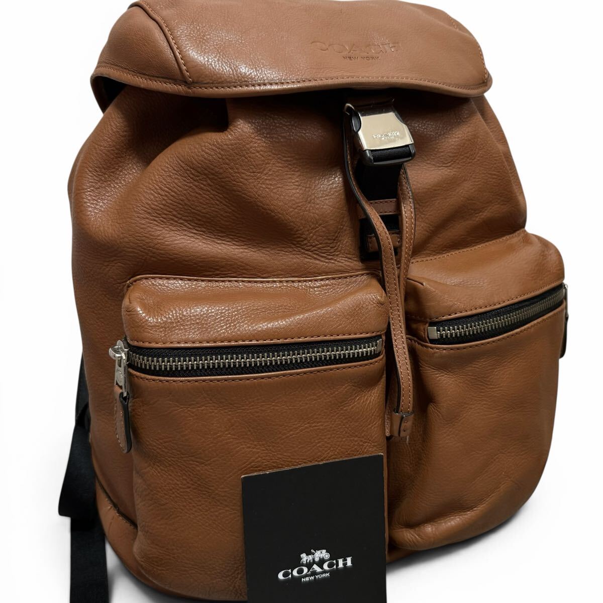 美品/希少カラー●COACH コーチ メンズ スムースレザー バックパック リュック ビジネス 大容量 A4 PC 書類鞄 サドルカラー 本革 ロゴ型押