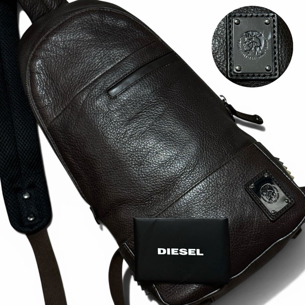 極美品/激レアモデル!●ディーゼル DIESEL メンズ レザー ボディバッグ ワンショルダーバッグ 斜め掛け 大容量 ブレイブマンロゴ金具 本革 