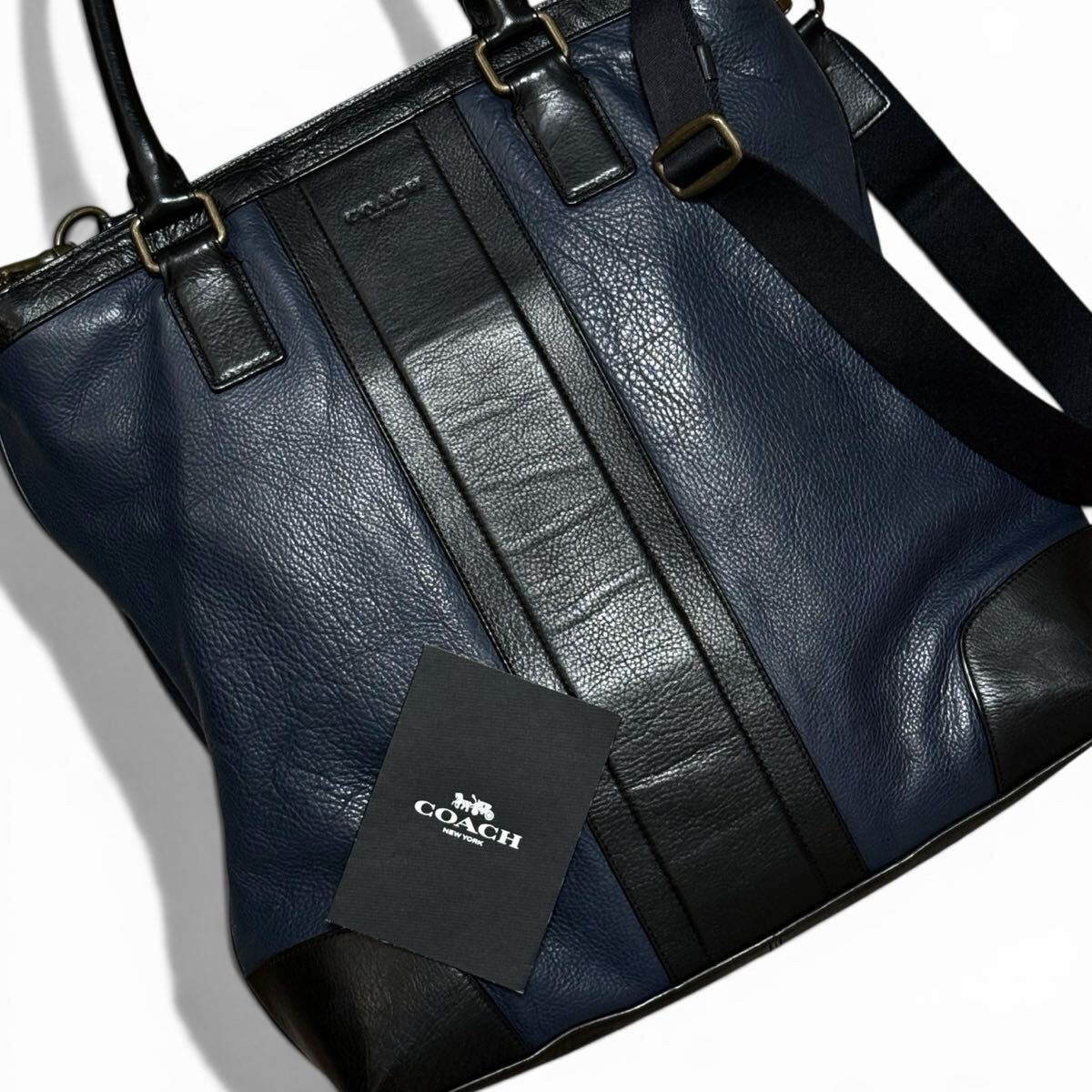 極美品●最高級ライン●COACH コーチ ヘリテージ ウェブ オールレザー 2WAY トートバッグ ビジネス ショルダー 大容量 A4 PC 書類鞄 紺 黒