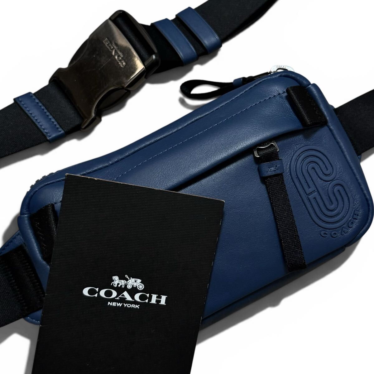 極美品/希少カラー●COACH コーチ メンズ レザー ミニ エッジ ウエストポーチ クロスボディ 斜め掛け ショルダーバッグ 本革 Cロゴ ブルー