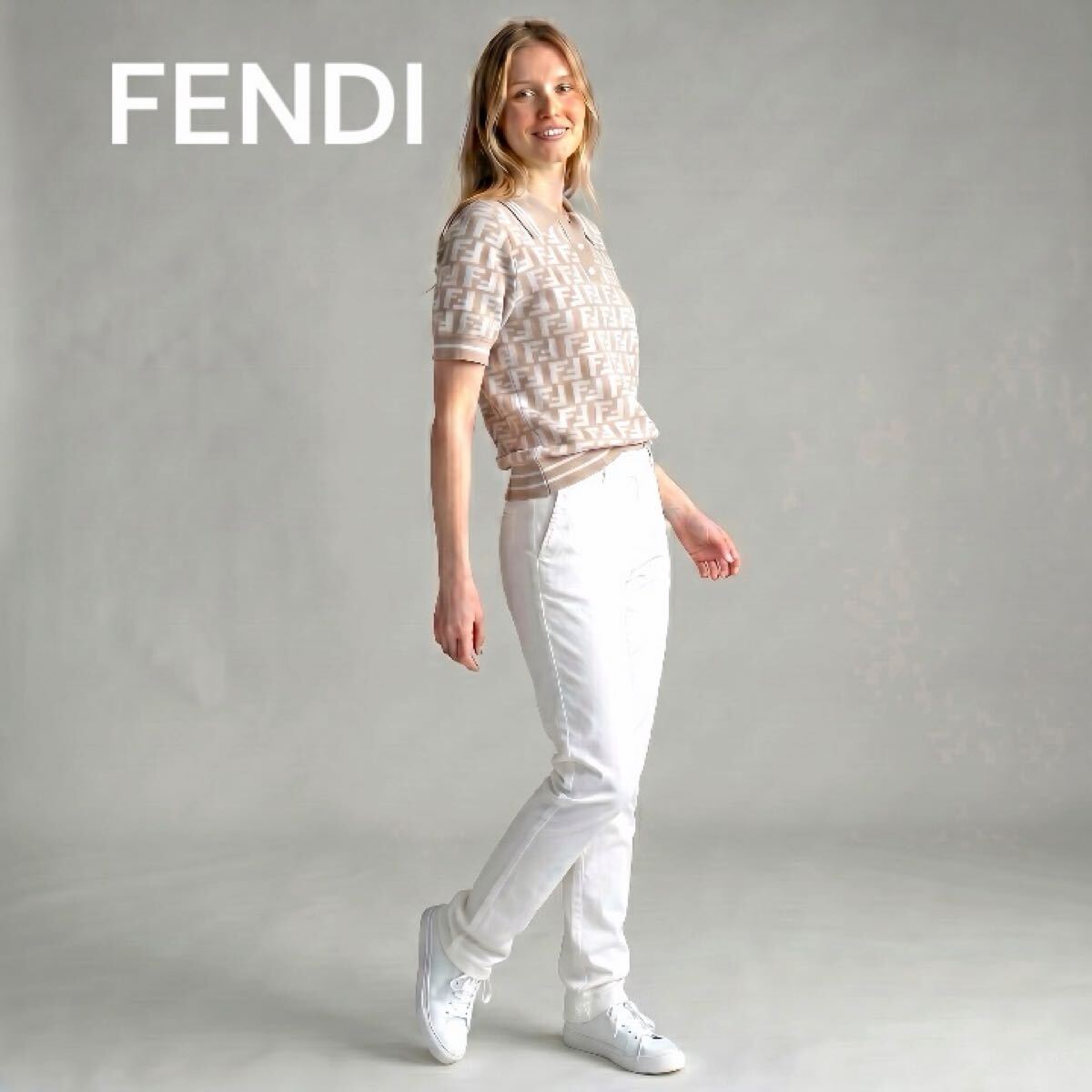 【近年モデル】FENDI フェンディ FFロゴ ズッカ 半袖 ニット ポロシャツ 38 ベージュ ウール 国内正規品 Polo Shirt