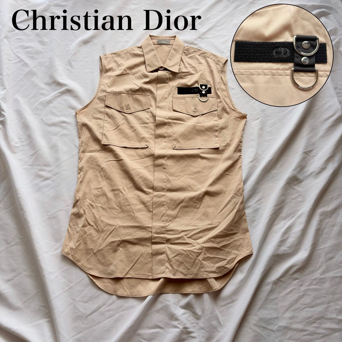 極美品 ディオールオム CDロゴ Dカン ノースリーブ シャツ ベスト 39 ベージュ Dior Homme タクティカル
