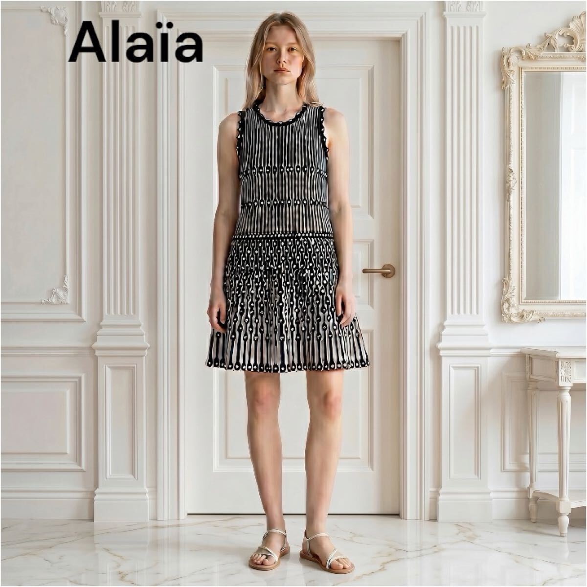 極美品 アライア ALAIA ノースリーブ ワンピース 38 Aライン フレア 黒 ブラック ドレス 膝丈 パリ アーカイブ レディース