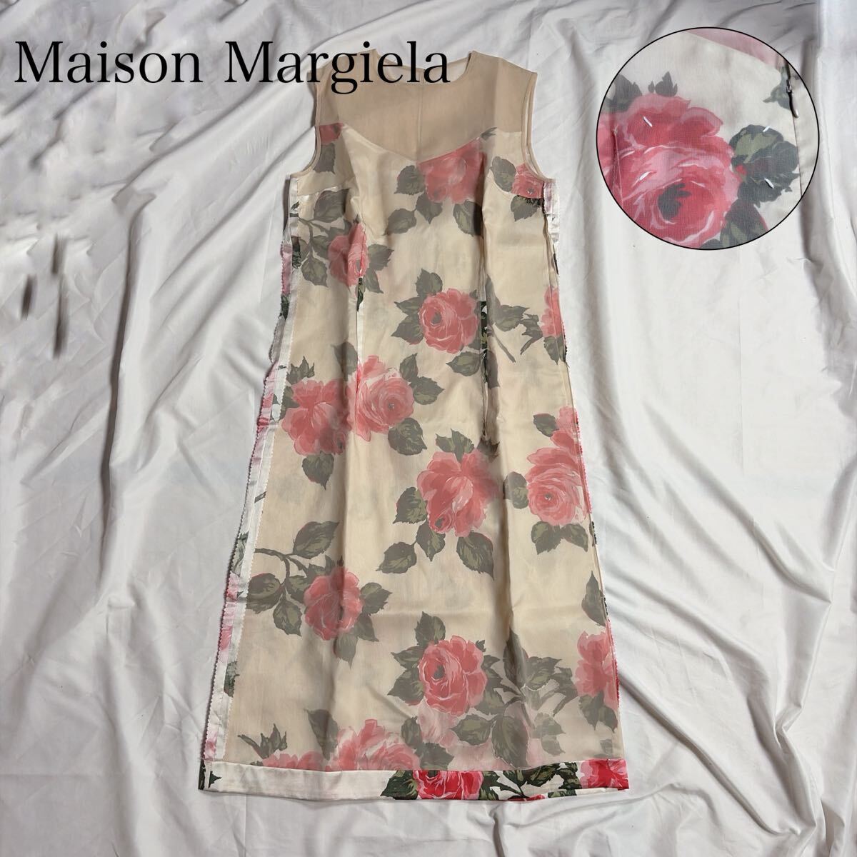 1円~ 極美品 メゾンマルジェラ 4ステッチ 花柄 ノースリーブ ワンピース 40 Maison Margiela ローズ ドレス シアー