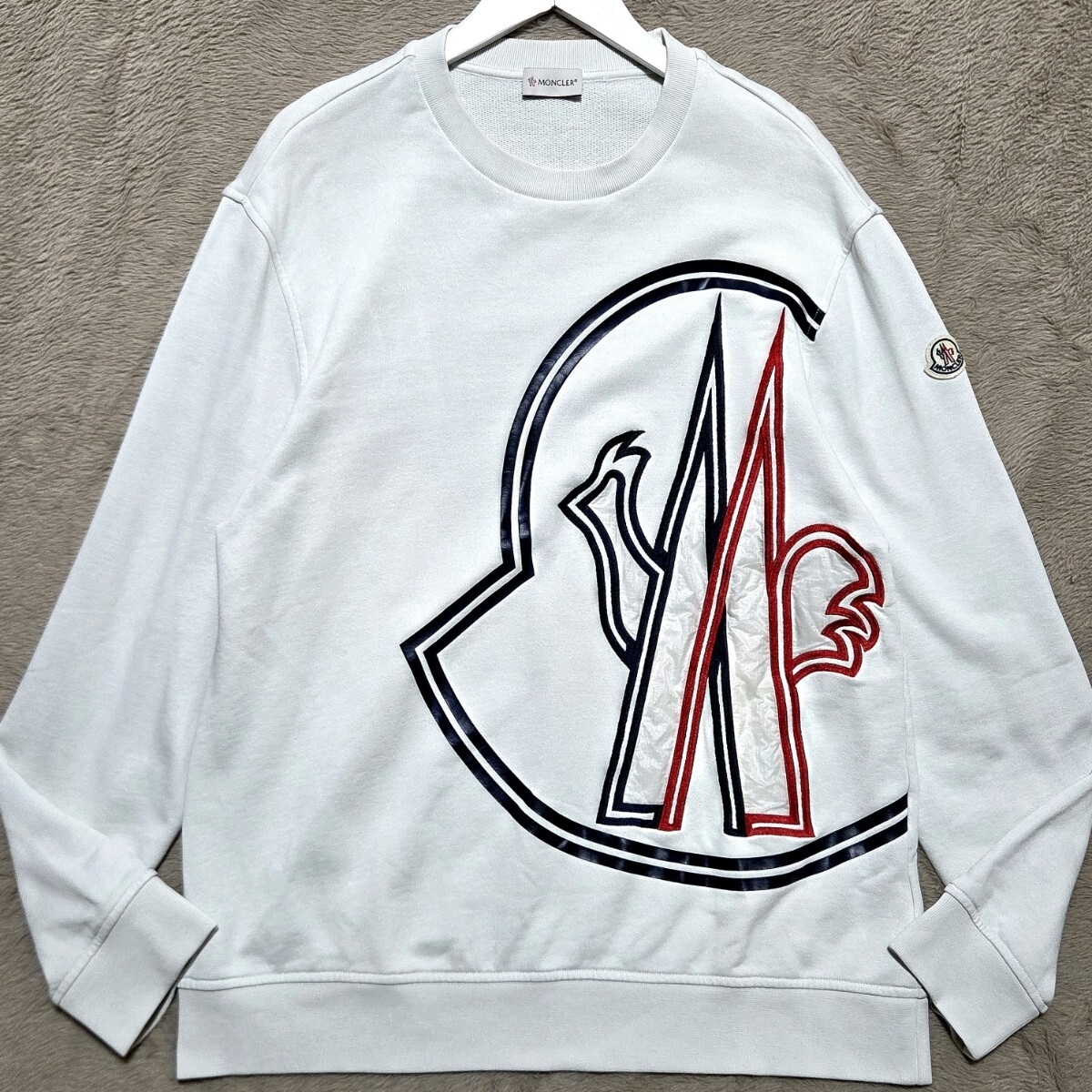極美品/XL ■MONCLER スウェット トレーナー ビッグロゴ MAGLIA GIROCOLLO ロゴワッペン 刺繍 マグリア クルーネック モンクレール 白 21AW