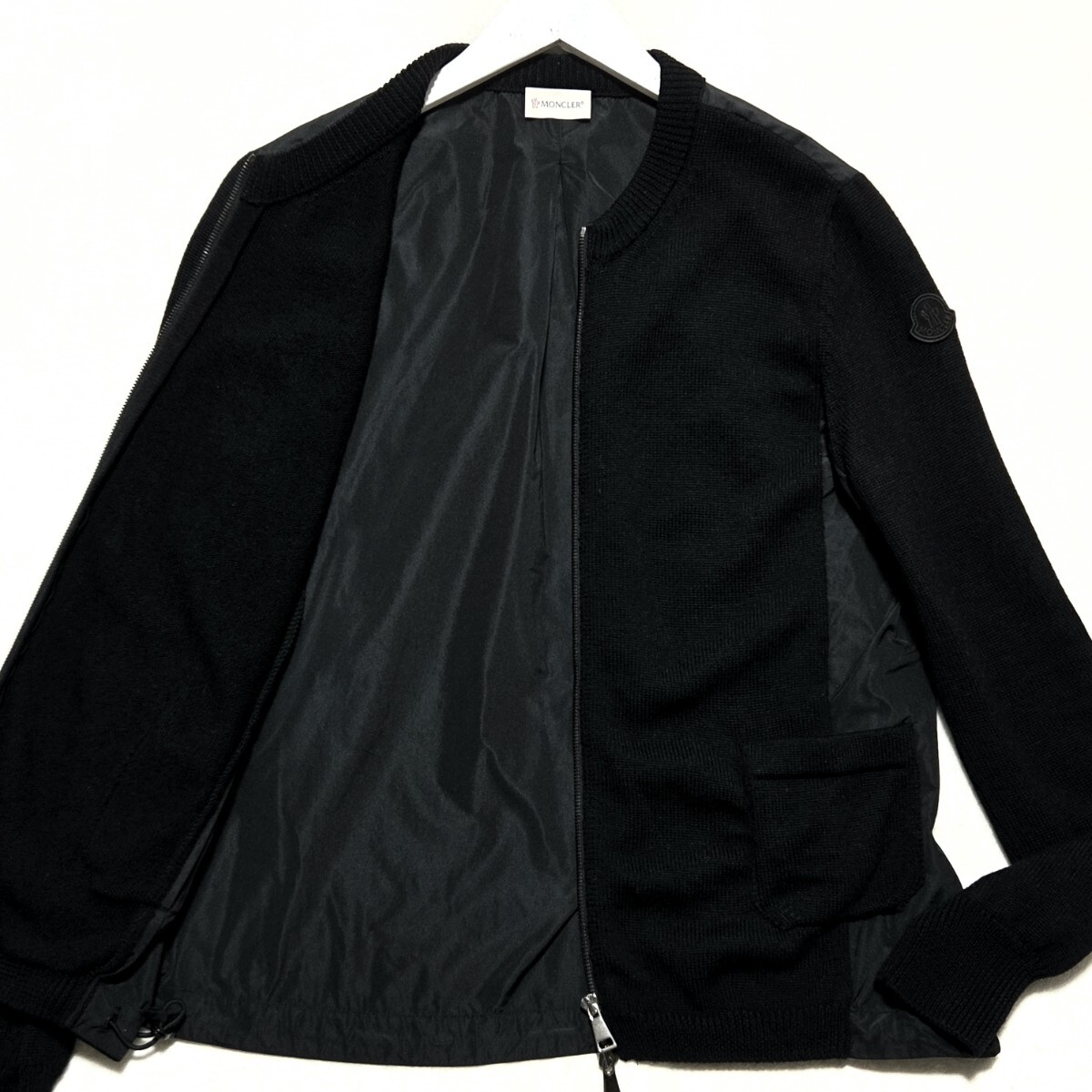 極美品 ■MONCLER ブルゾン ジャケット MA-1 CARDIGAN TRICOT 異素材 切替 ニット ロゴワッペン マグリア モンクレール メンズ 黒 ブラック