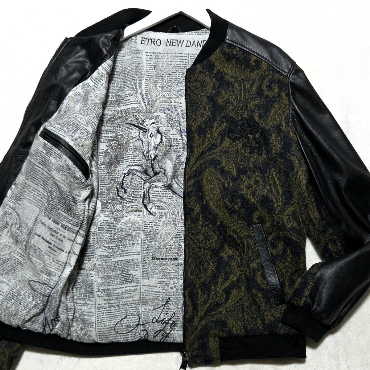 極美品/L ■ETRO ブルゾン ジャケット ボンバー ペイズリー 羊革 ラムレザー 切替 異素材 裏地ペガサス ニュースペーパー エトロ ブラック
