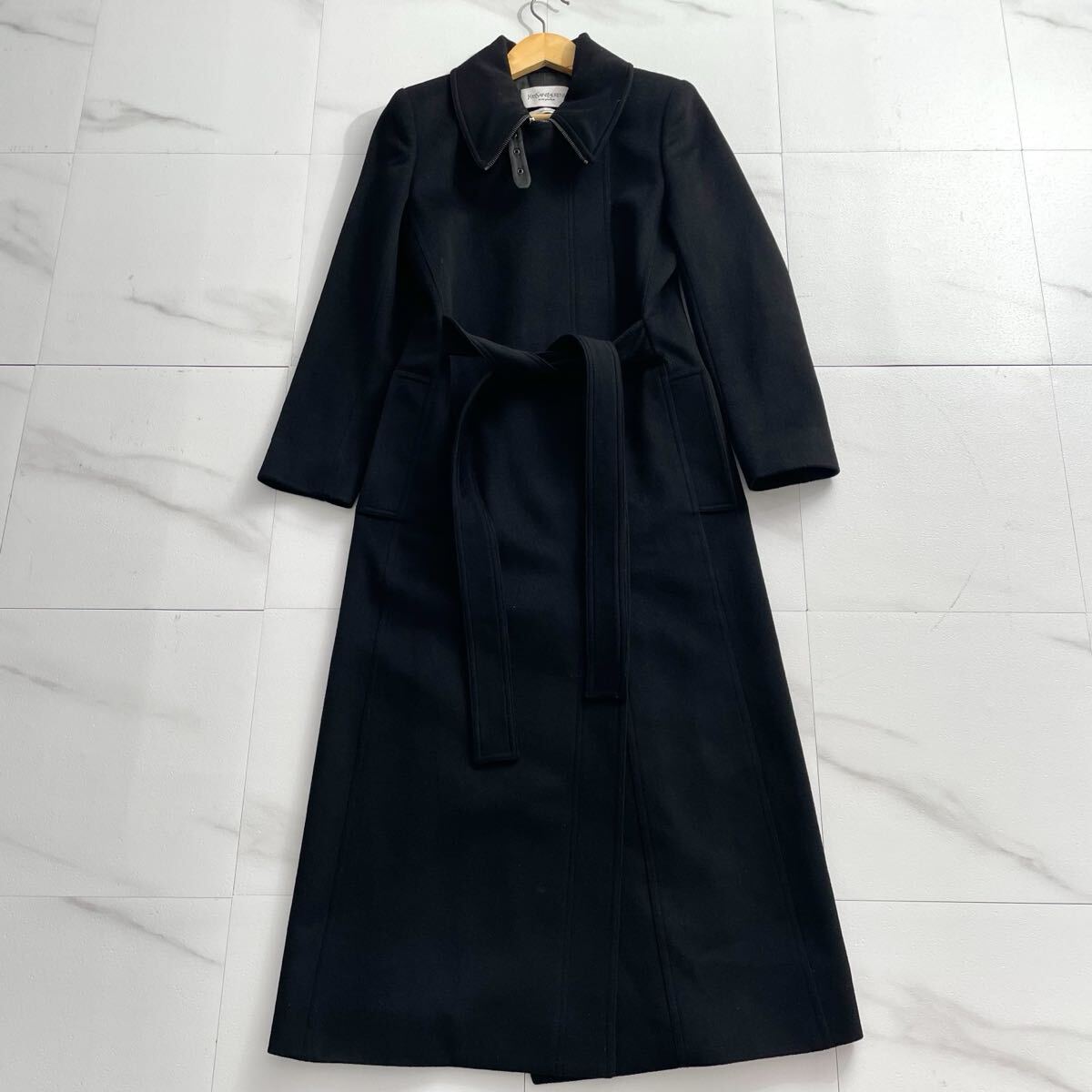 極美品 トムフォード期◆Yves Saint Laurent rive gauche ロングトレンチコート ベルト付 ウール ブラック イヴサンローランリヴゴーシュ