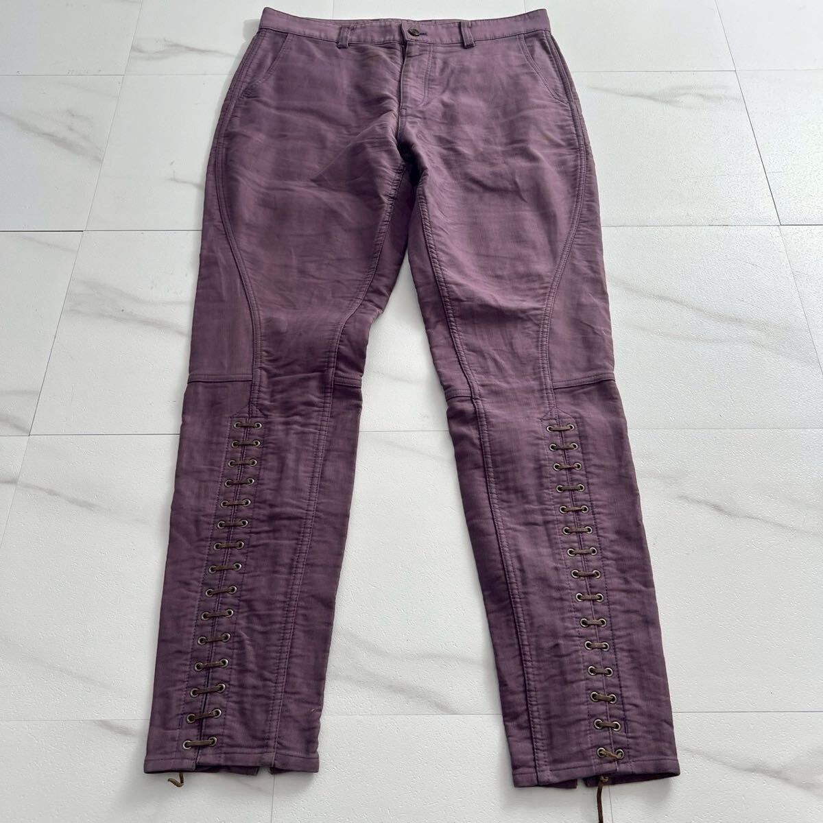 05AW XL位◆ISSEY MIYAKE MEN 2way レースアップパンツ バイカー 裾ジップアップ 編み上げ レザー 本革 パープル 紫 4 イッセイミヤケメン
