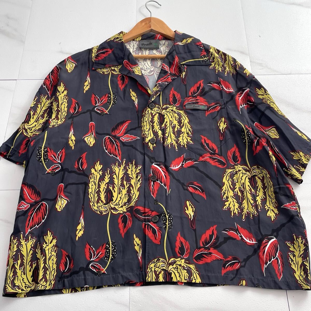 2019SS L位◆PRADA アロハシャツ オープンカラー 開襟 半袖 リリー ボタニカル 総柄 ビッグシルエット オーバーサイズ メンズ プラダ