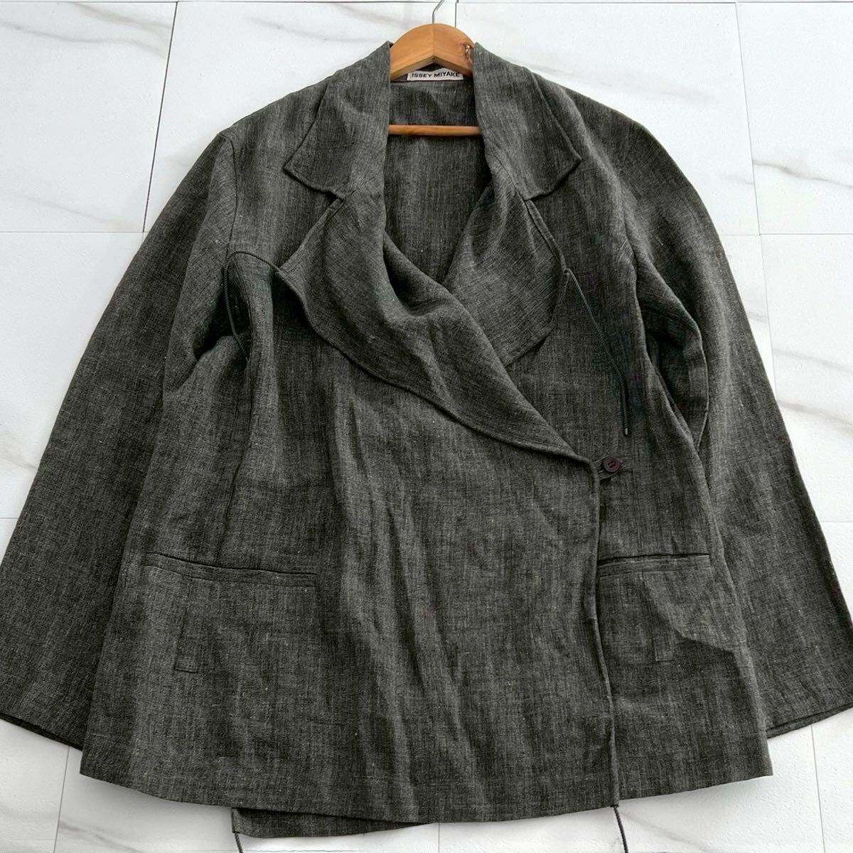 新品未使用品◆ISSEY MIYAKE 1999SS 作務衣 ジャケット 羽織り リネン 麻 グレー 灰色 Lサイズ レディース イッセイミヤケ archive vintage