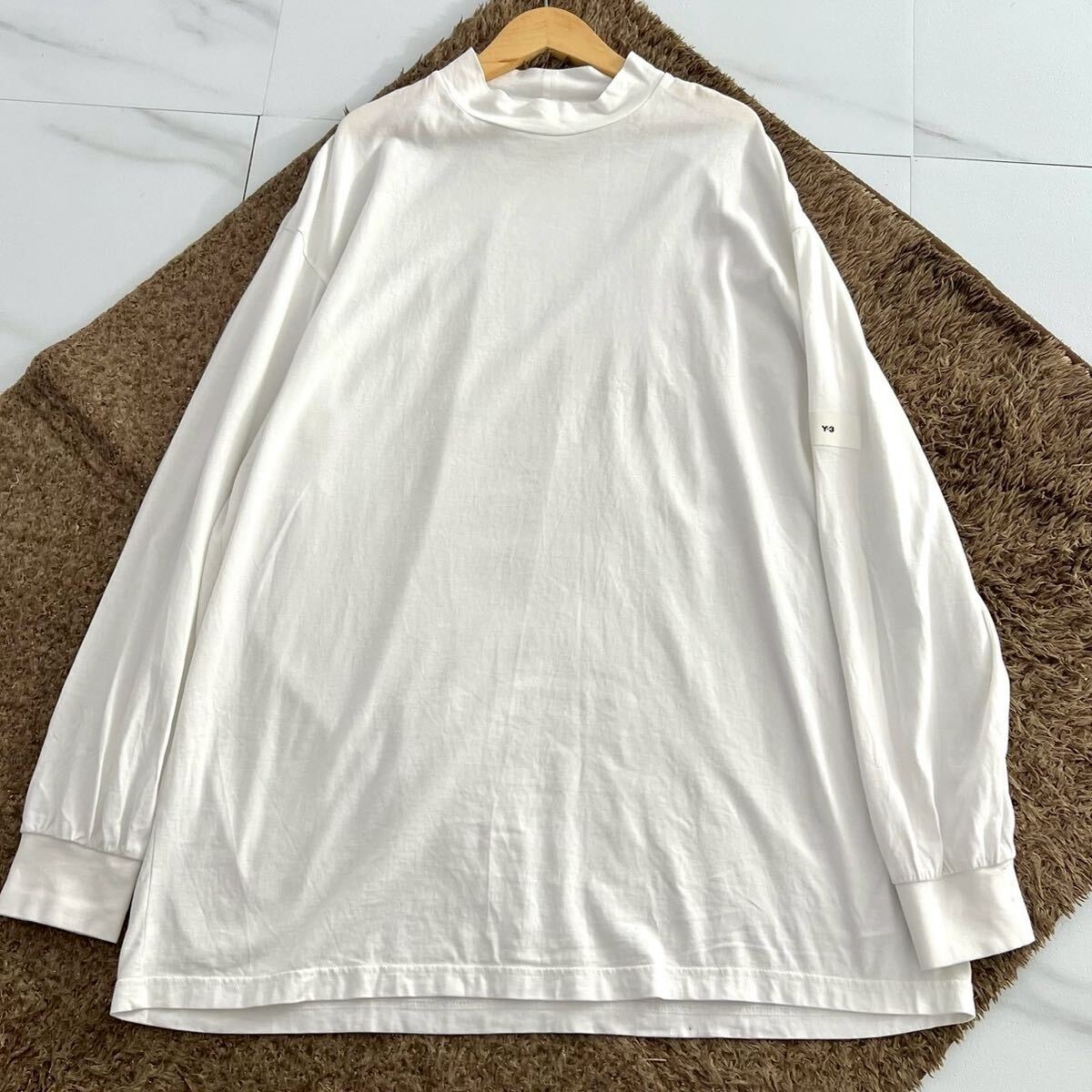 極美品◆Y-3 モックネックカットソー ロンT 長袖Tシャツ ロゴ コットンジャージー ホワイト 白 XL相当 メンズ ワイスリー ヨウジヤマモト