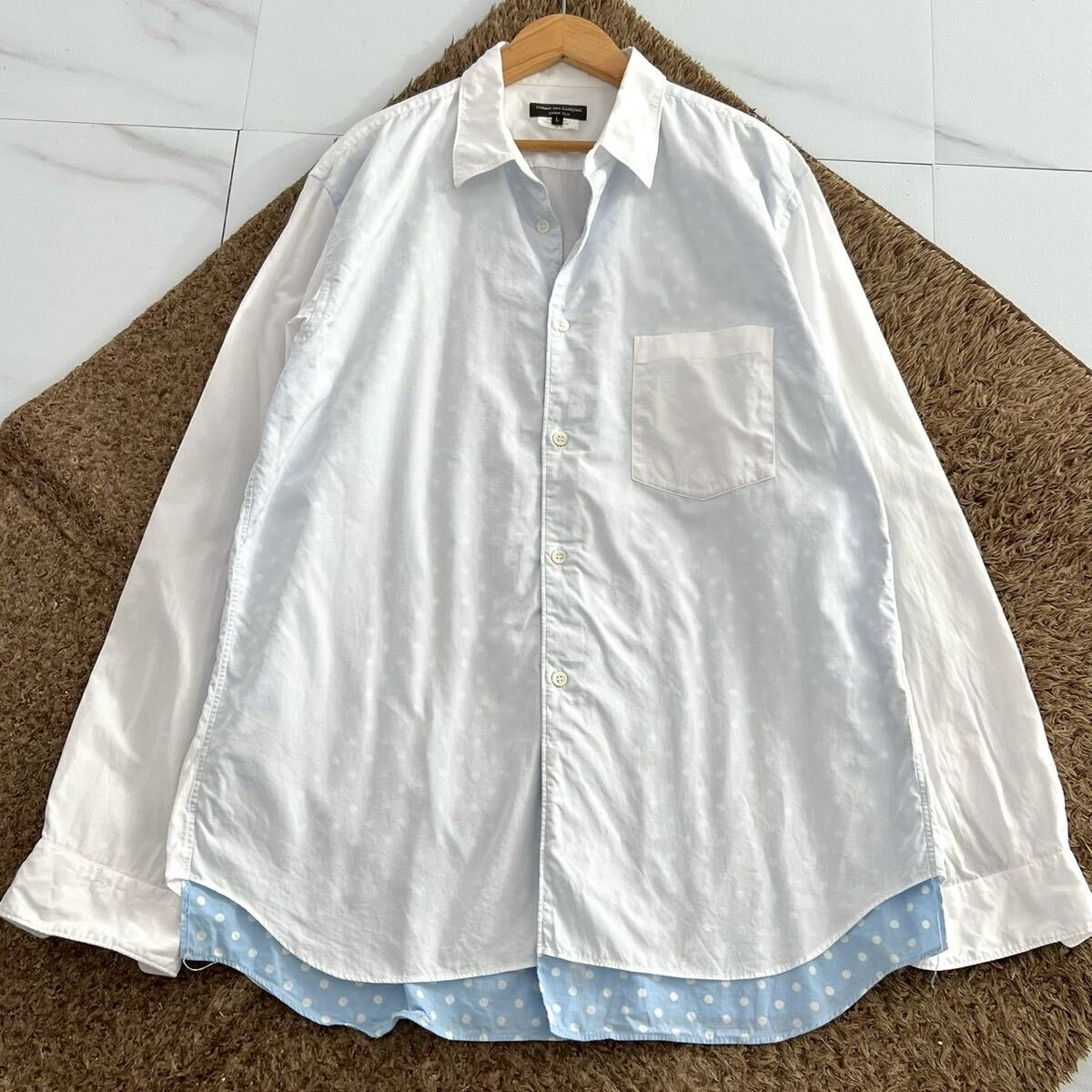 18SS 希少L◆COMME des GARCONS HOMME PLUS 長袖シャツ ブラウス ドット 水玉模様 レイヤード 綿 メンズ コムデギャルソンオムプリュス