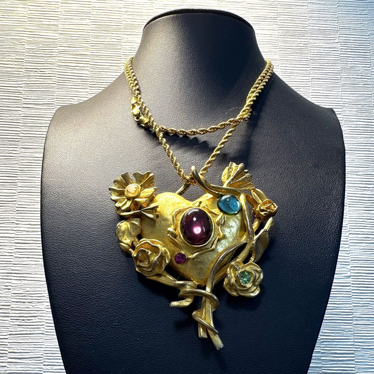 【美品/希少】Christian Lacroix クリスチャンラクロワ ネックレス チョーカー カラーストーン ハート モチーフ ミラー 大振り ゴールド
