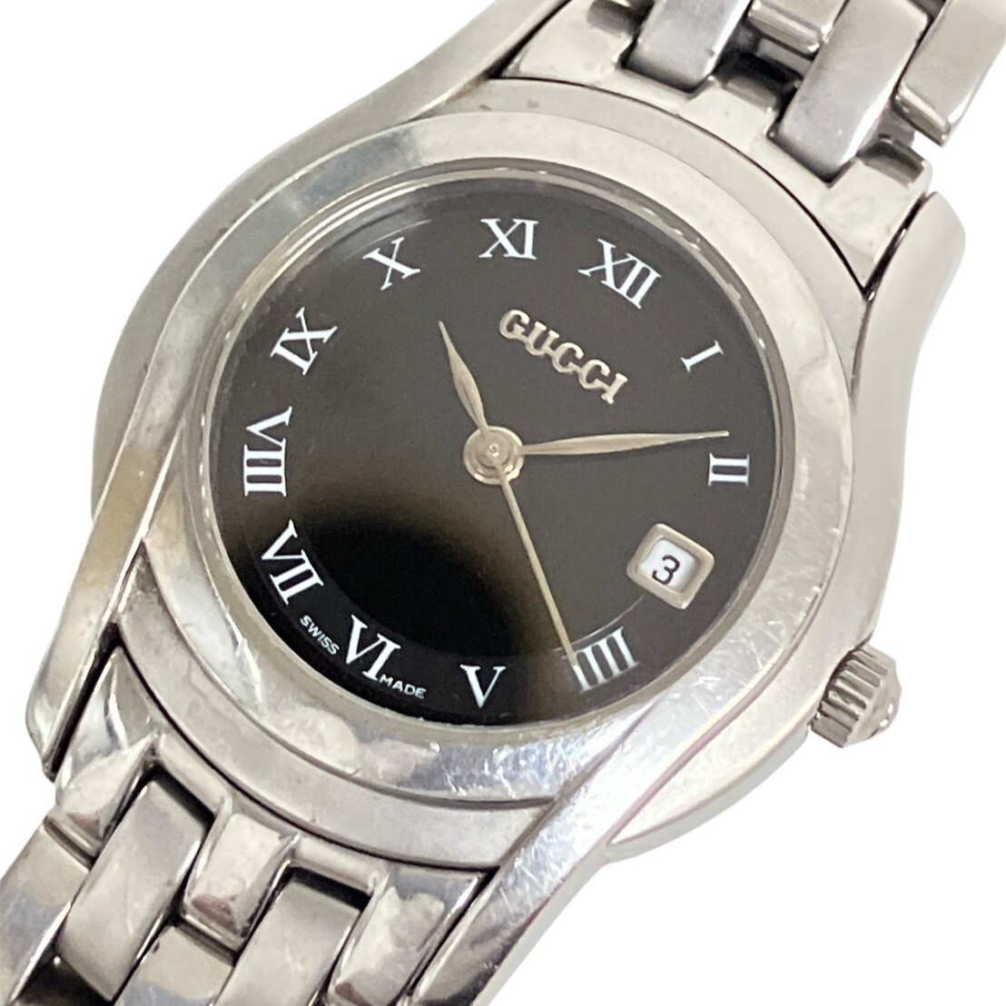 A075-K18-6543◎ GUCCI グッチ レディース腕時計 Gクラス 5500L QUARTZ クォーツ ラウンド デイト ブラック文字盤 KA