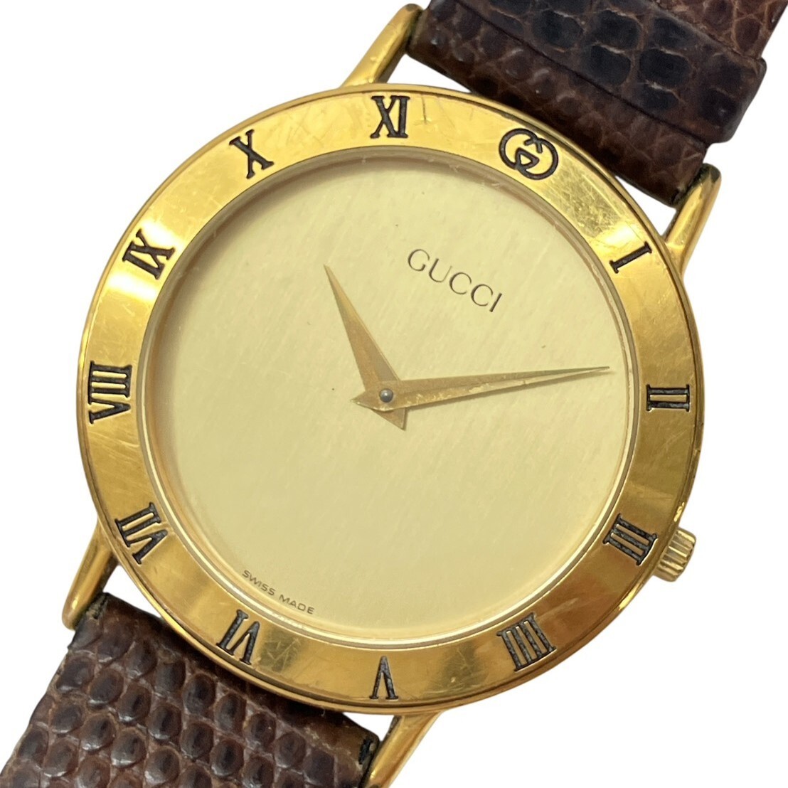 A093-O55-2013◎ GUCCI グッチ メンズ腕時計 3000.2.M QUARTZ クォーツ ラウンド 2針 ゴールド文字盤 ヴィンテージ KA