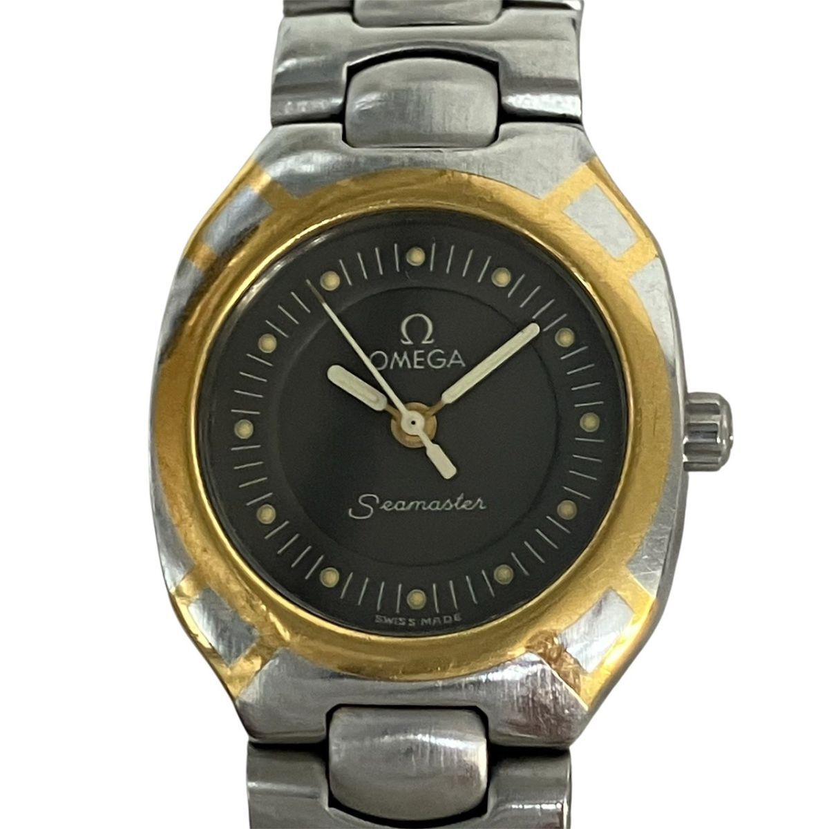 A037-H38-885 【電池交換済/稼働】 OMEGA Ω オメガ レディース腕時計 SEAMASTER ポラリス QUARTZ ラウンド 3針 黒文字盤 ケース付き KA