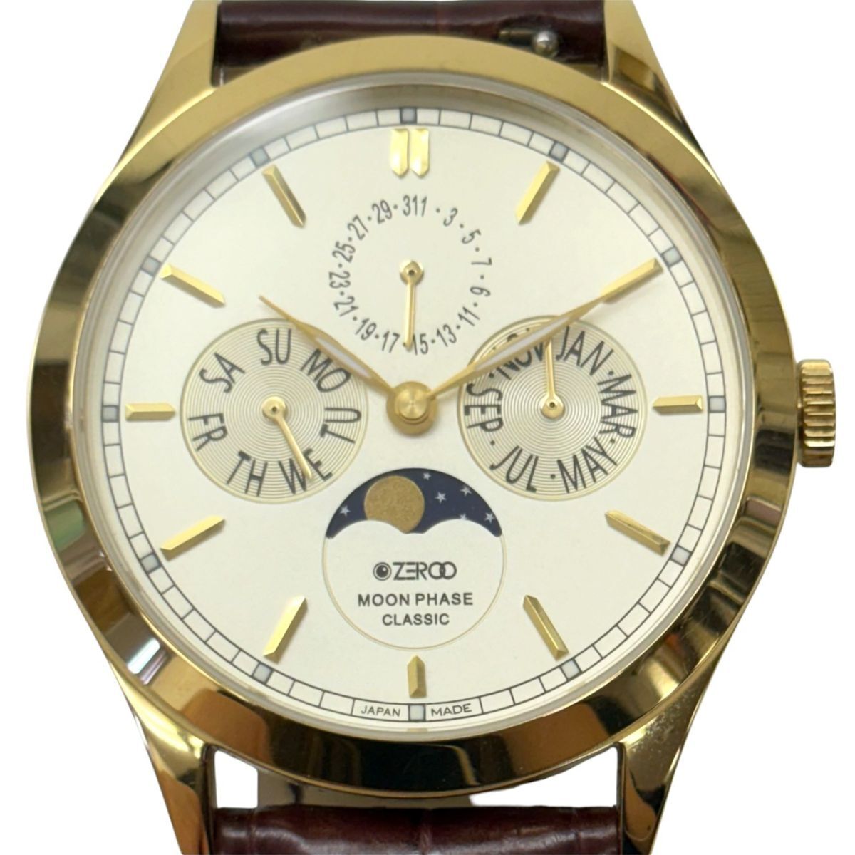 A337-O53-2350◎ ZEROO CLASSIC メンズ腕時計 MOON PHASE CLASSIC 316L QUARTZ ラウンド デイデイト SS ムーンフェイズ KA