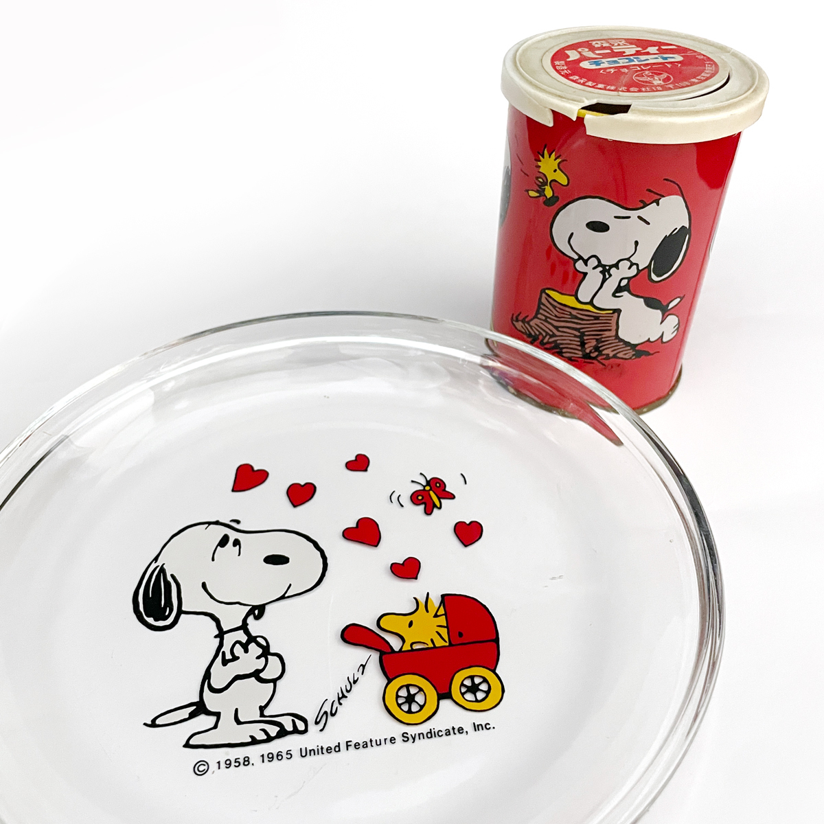 当時物！スヌーピー（ガラスプレート、 森永パーティーチョコレート缶）2点まとめ売り/小物入れ/ケース/皿/トレー/ブリキ/昭和レトロ　