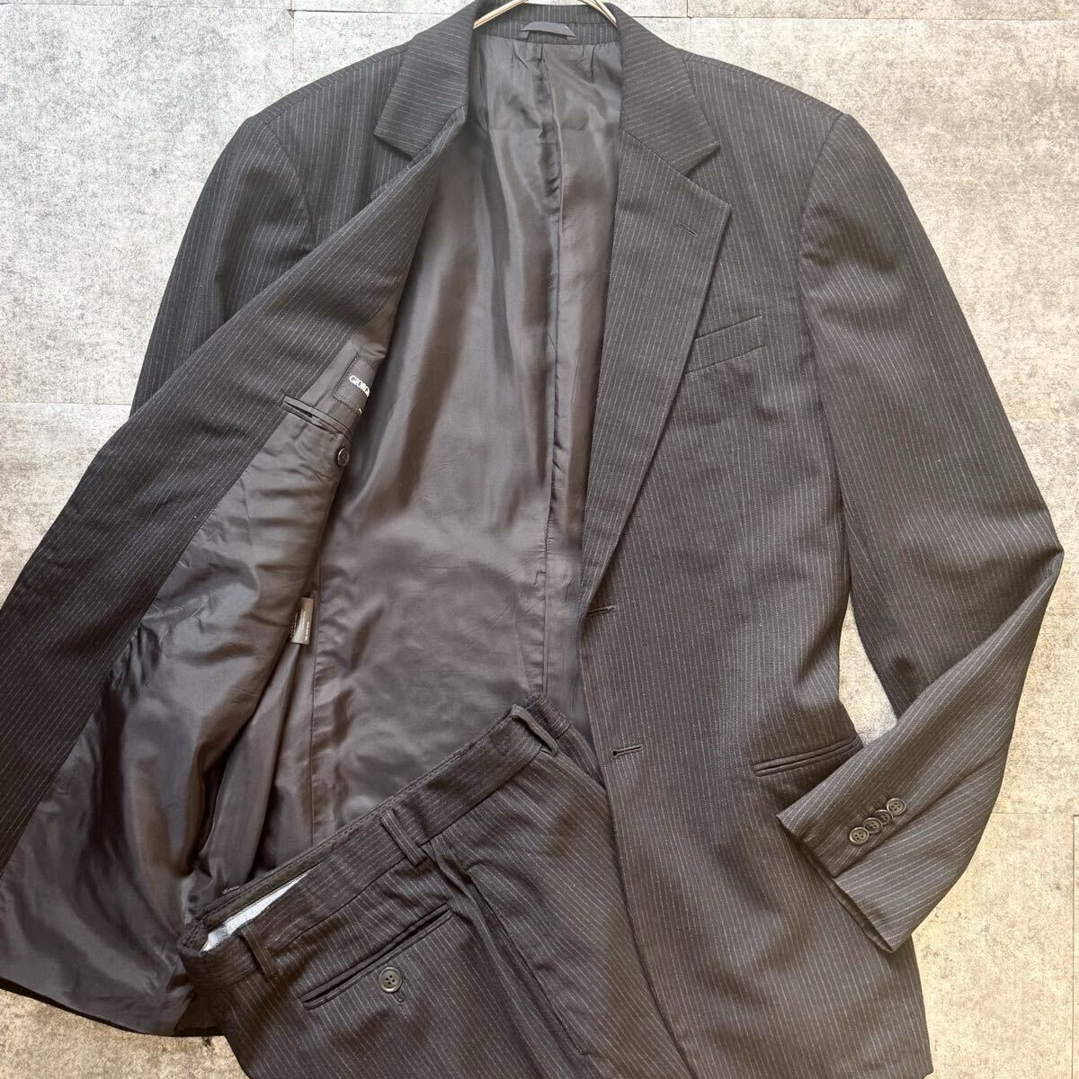 美品/L相当◎黒タグ ジョルジオアルマーニ スーツ セットアップ GIORGIO ARMANI ストライプ ジャケット スラックス ブラック イタリア製