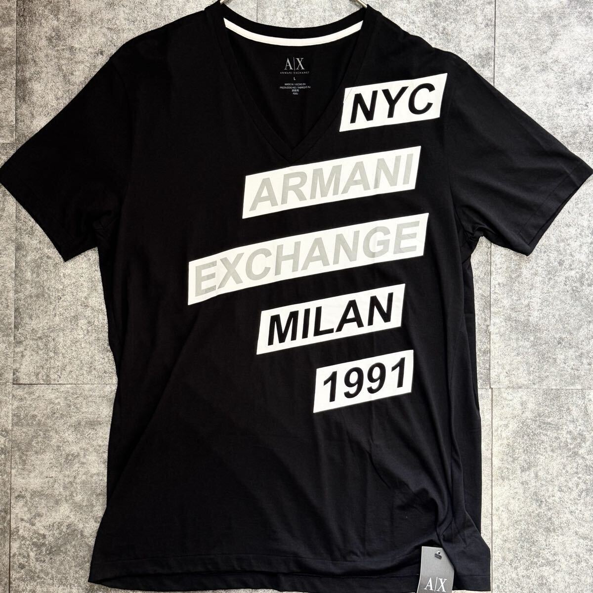 新品未使用タグ付/Lサイズ◎アルマーニエクスチェンジ ロゴプリント 半袖Tシャツ カットソー ARMANI EXCHANGE Vネック ブラック 黒 メンズ