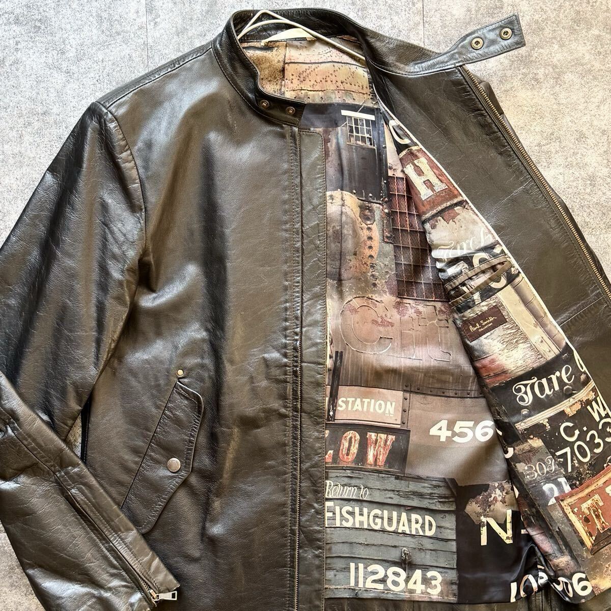 希少XL◎ポールスミスコレクション 裏地総柄 カウレザージャケット シングルライダース Paul Smith COLLECTION 牛革 本革 ダブルジップ 黒