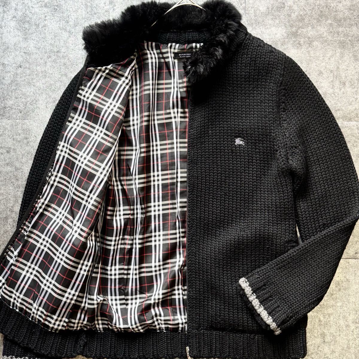 Lサイズ◎バーバリーブラックレーベル ラビットファー ニット ジップアップジャケット BURBERRY BLACK LABEL ホースロゴ刺繍 肉厚 極暖 黒