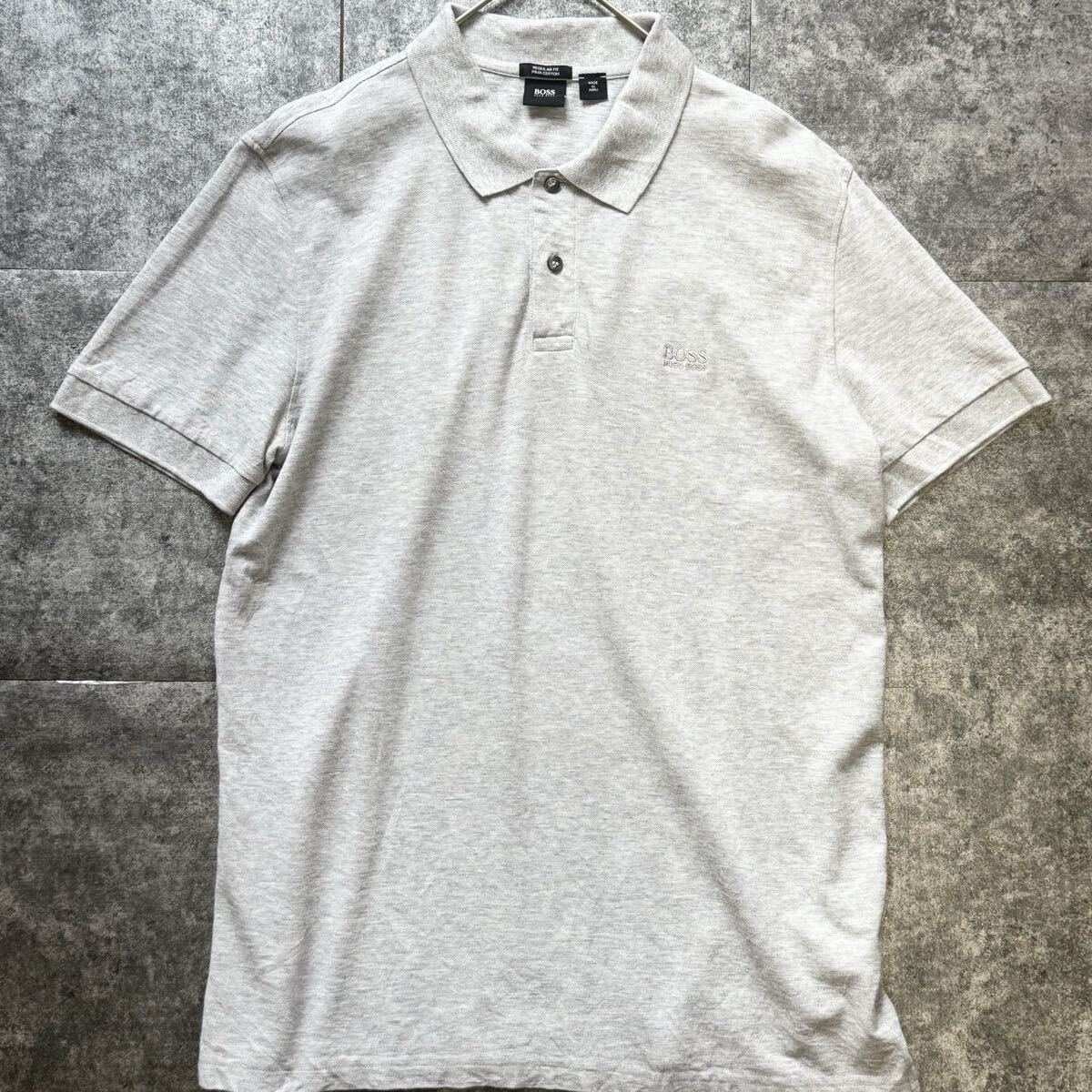 美品/希少XLサイズ◎ヒューゴボス ロゴ刺繍 半袖ポロシャツ HUGO BOSS ワンポイント PIMA COTTON レギュラーフィット グレー メンズ 