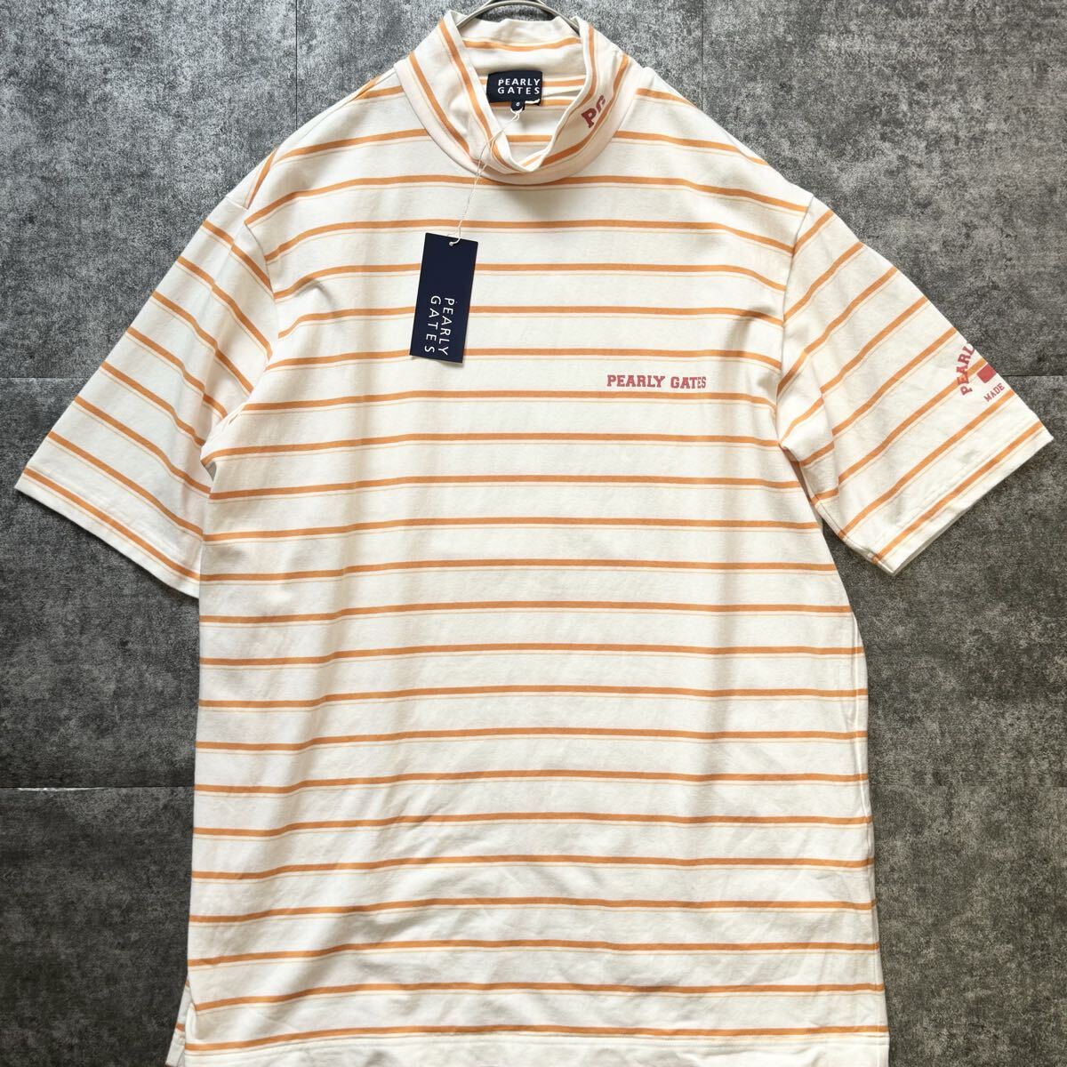タグ付/希少XL相当◎パーリーゲイツ モックネック 半袖Tシャツ カットソー PEARLY GATES ボーダー PGロゴプリント ストレッチ ゴルフ 6