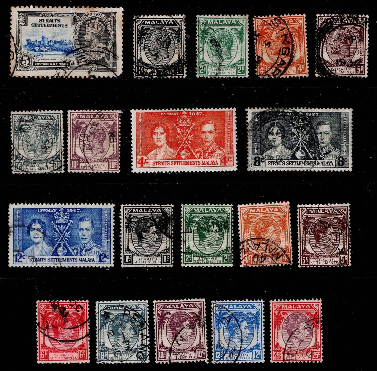 ★英領・海峡植民地　1935～37年　ジョージ6世載冠式3種セット他　19種