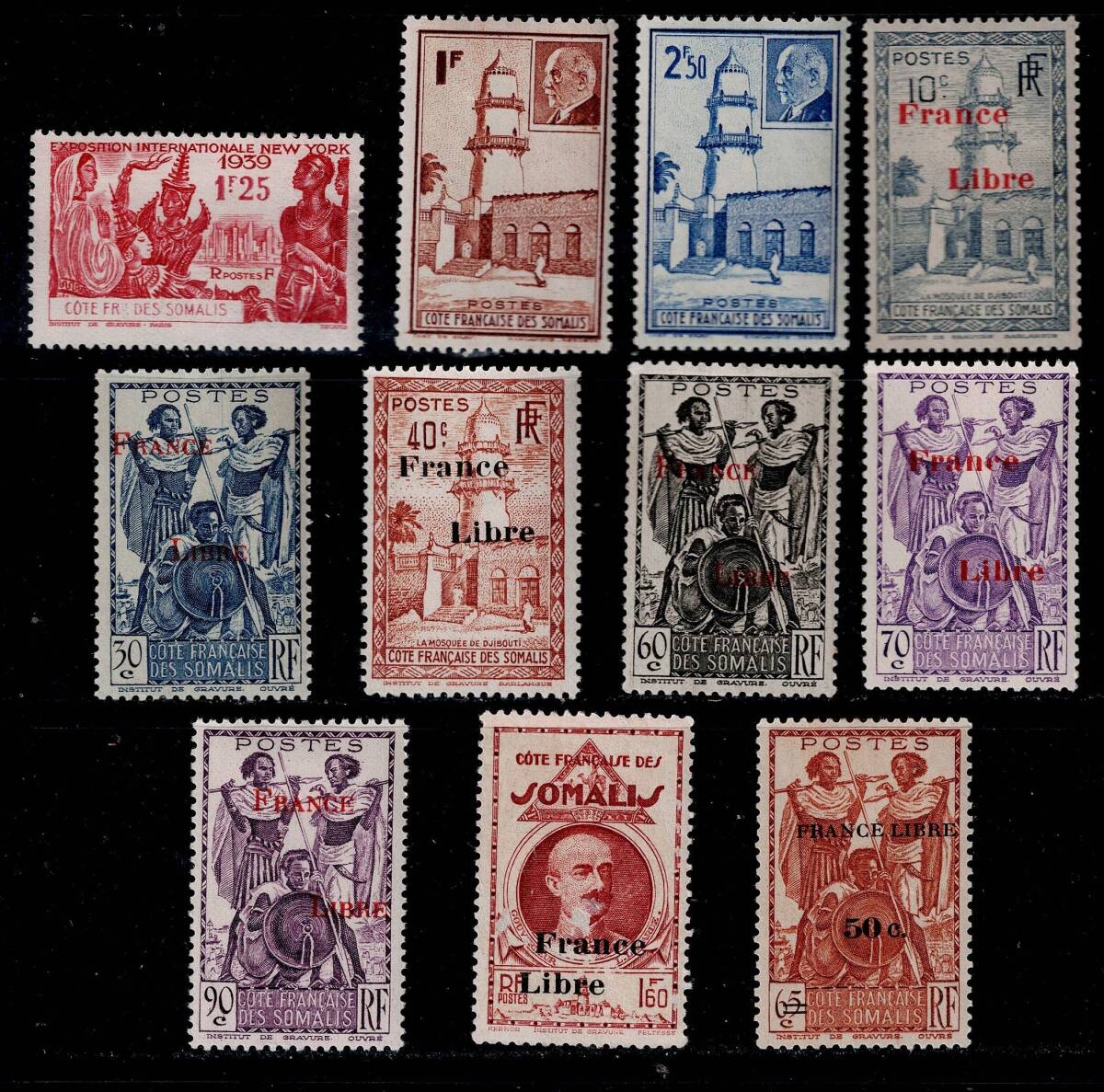 ★仏領・ソマリーコースト　1939～43年　「自由フランス」加刷8種他　11種（未）　