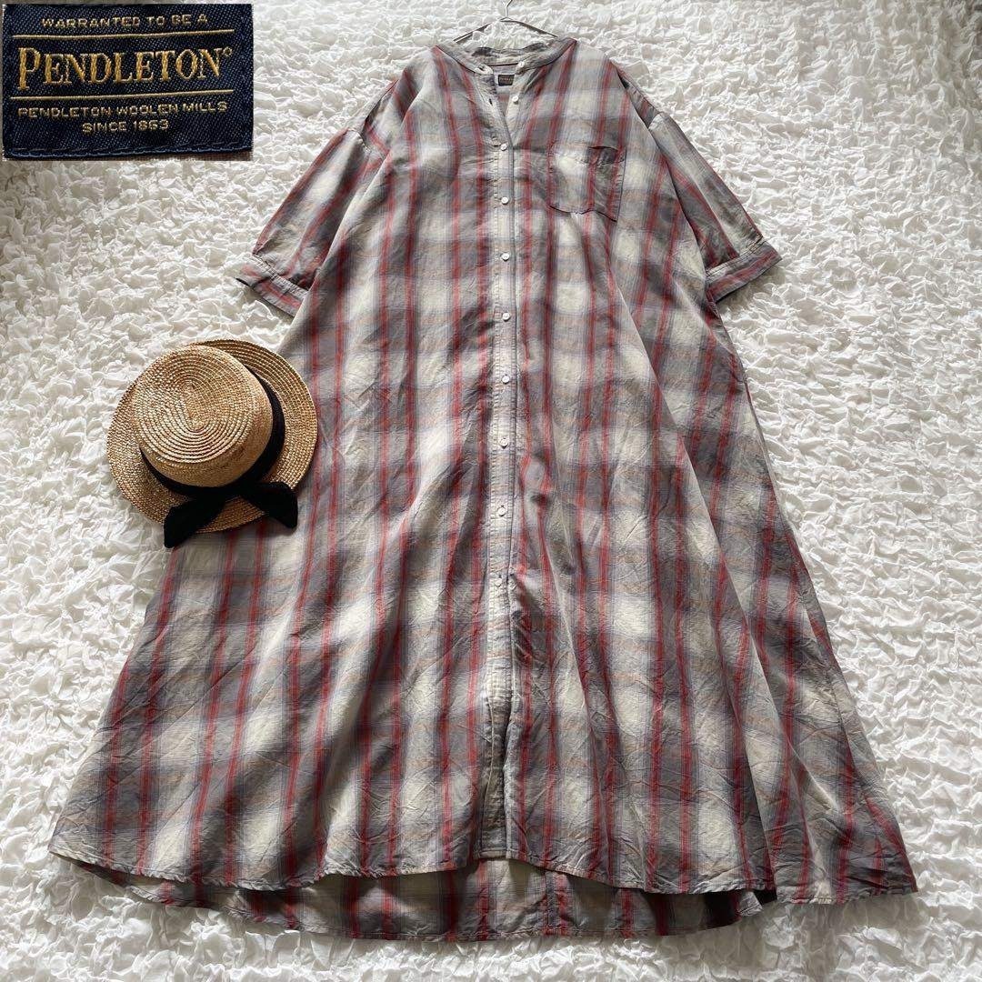 PENDLETON/ペンドルトン　コットンリネン　バンドカラーシャツワンピース　チェック柄　赤×グレ