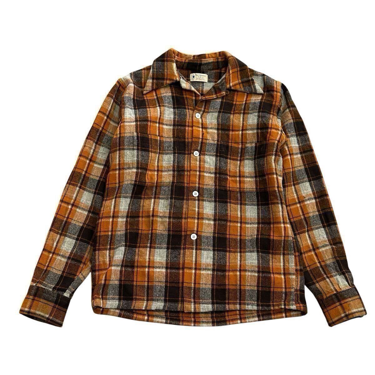 50s Van Heusen オレンジ チェック ボードシャツ オープンカラーシャツ ボックス 開襟 ビンテージ / 50年代 ロカビリー BOX 40s 60s shirt