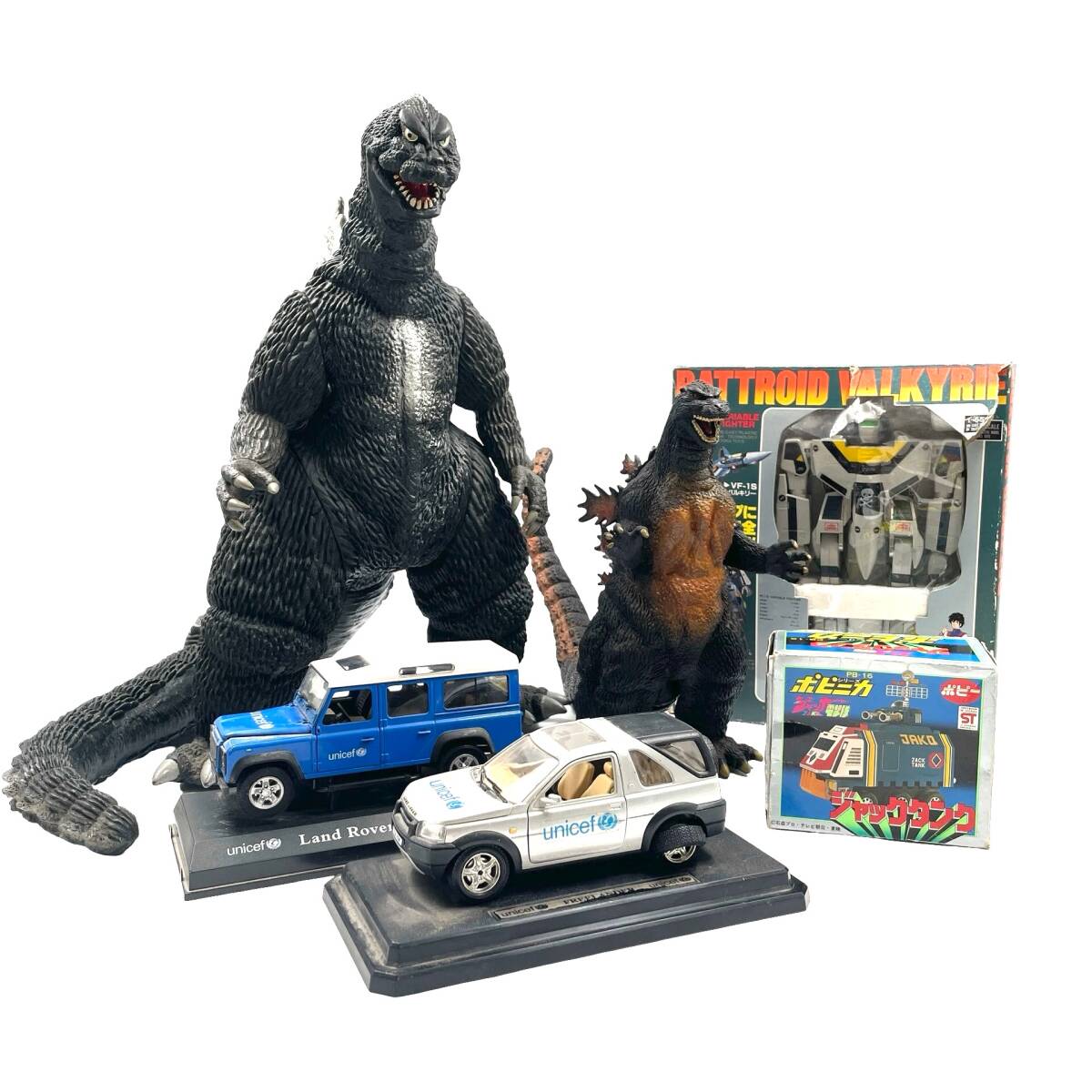 【現状品】ゴジラ フィギュア / マクロス バルキリー / ジャッカー電撃隊 ジャックタンク / ユニセフ 限定ランドローバー 1/24 他