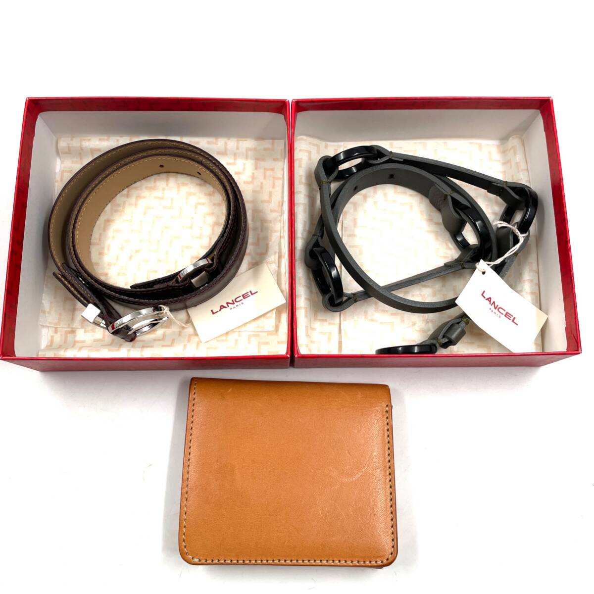 【1円〜】LANCEL ランセル レディース ベルト（グレー・ブロンズ）/ メンズ 二つ折り財布（牛革 ブラウン）まとめ