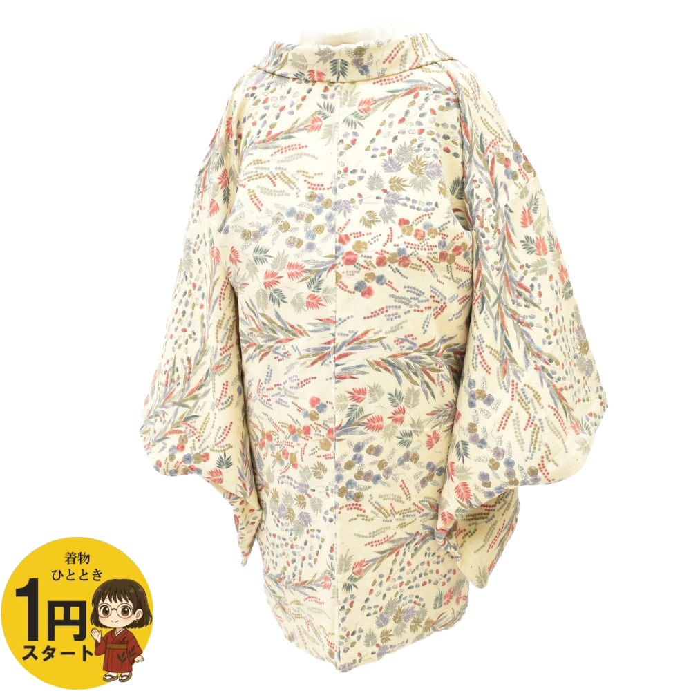 1円 長羽織 正絹 薄ベージュ 身丈82cm 羽織紐 リサイクル 着物 同梱可 【着物ひととき】 53032