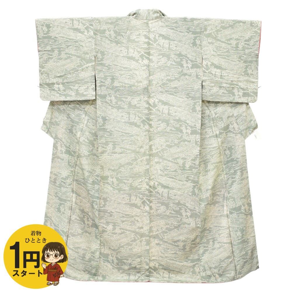 1円 小紋 正絹 深緑 風景文様 身丈159cm 着物 リサイクル 同梱可 【着物ひととき】 53023