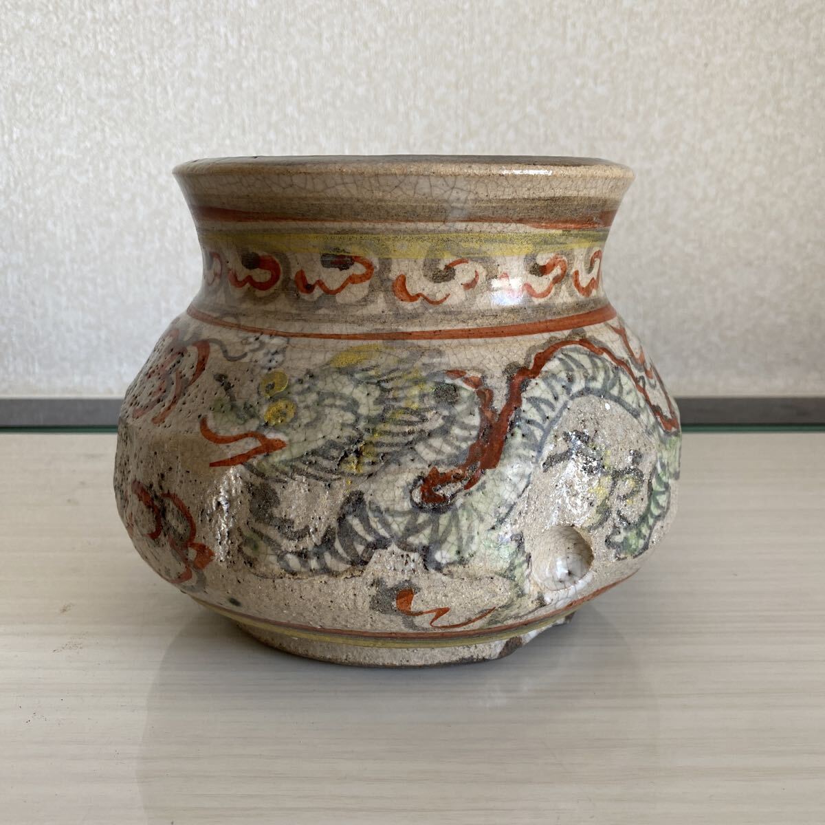 江戸時代の名工　尾形乾山　乾山　色絵　雲龍　水指　茶道具　煎茶　作家　在銘　骨董品　古美術品　時代　希少　高さ14cm 横18cm【59】