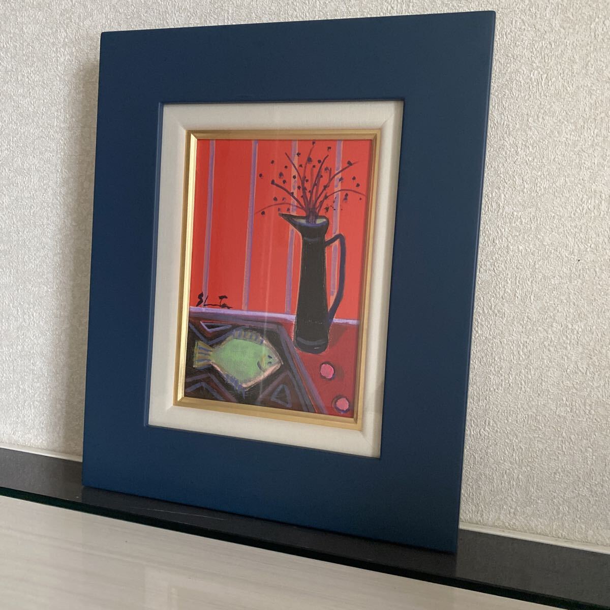 真作保証　テーブルのカレイ　森崎修太　絵画　絵　油彩　油絵　骨董品　古美術品　風景画　作家　画家　額装　額縁　39×32【520③】