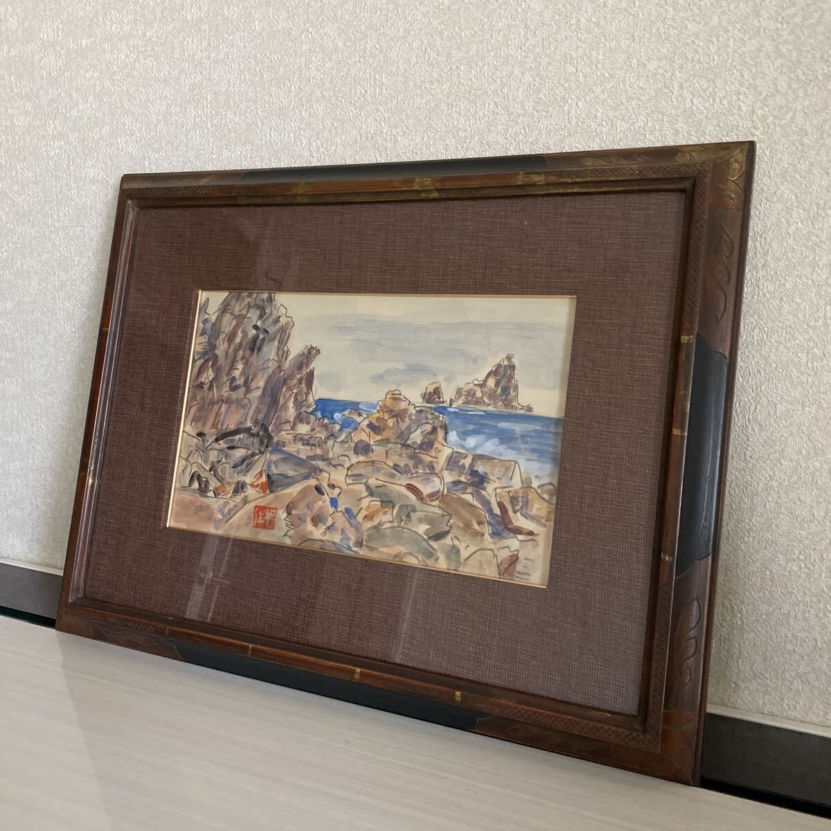 真作保証　野間岬　小林和作　敏子識　共シール　風景画　水彩　タトウ箱　絵　絵画　骨董品　古美術品　額縁　作家　画家　【525】