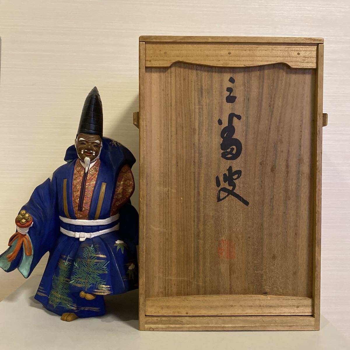 旧家整理品 三浦竹軒 竹軒 三番叟 陶器人形 置物 オブジェ 作家 在銘 共箱 栞 骨董品 古美術品 細密彫刻 歌舞伎 能 狂言 日本美術【312】