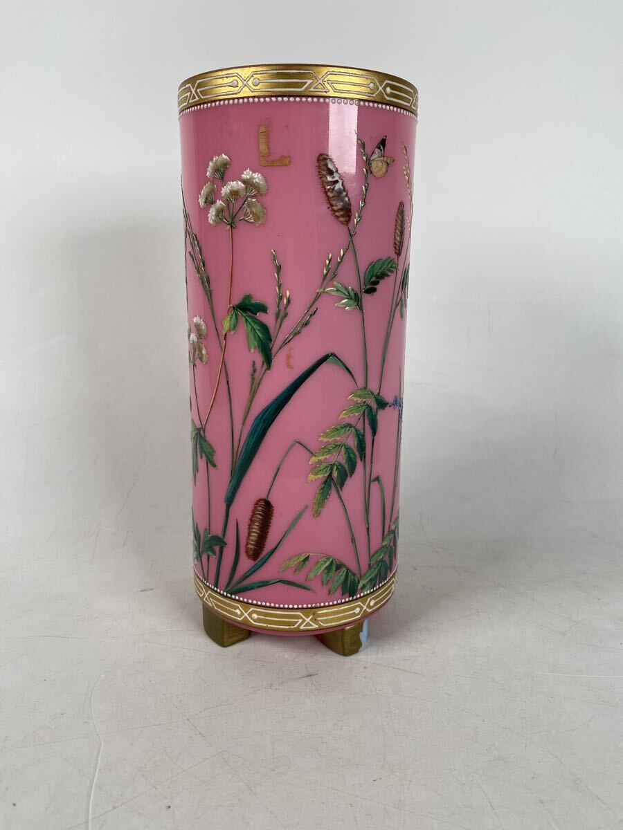 資産家整理品　ガラス　エナメル彩　花　蝶　鉢　花瓶　花器　花入　壺　ピンク　硝子　希少　西洋　アンティーク 骨董品　古美術品【515】