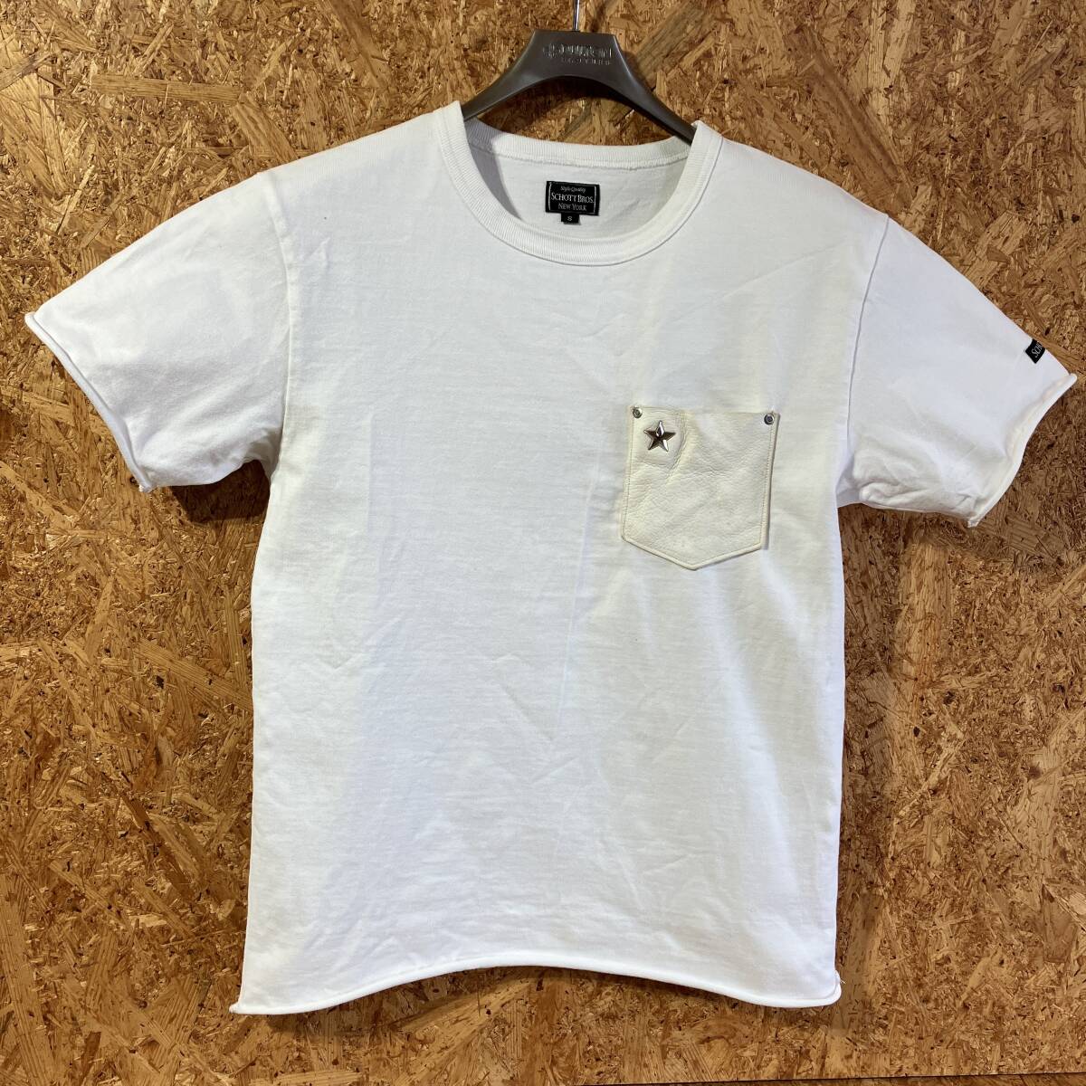 Schott 半袖 Tシャツ S ホワイト 鹿革 ポケット ディアスキン レザー スター スタッズ ワンスター